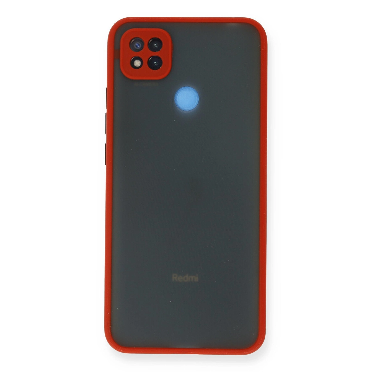 Kırmızı kenarlı siyah telefon kılıfı, dört kamera ve mavi daire.