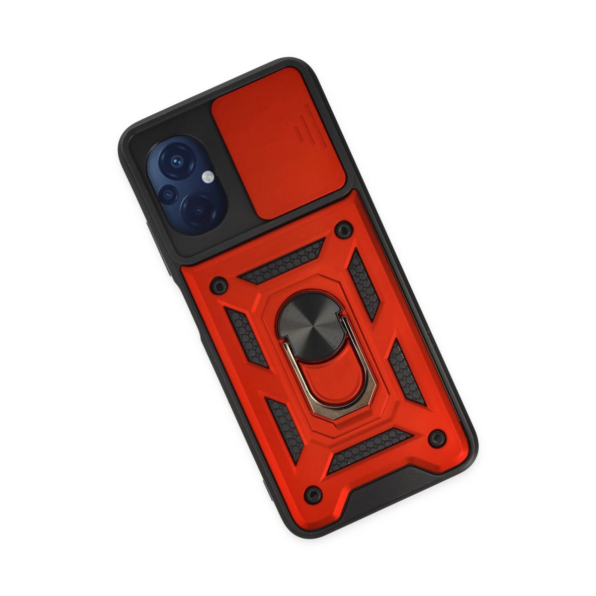 Halka tutuculu ve kayar kamera kapaklı kırmızı telefon kılıfı.