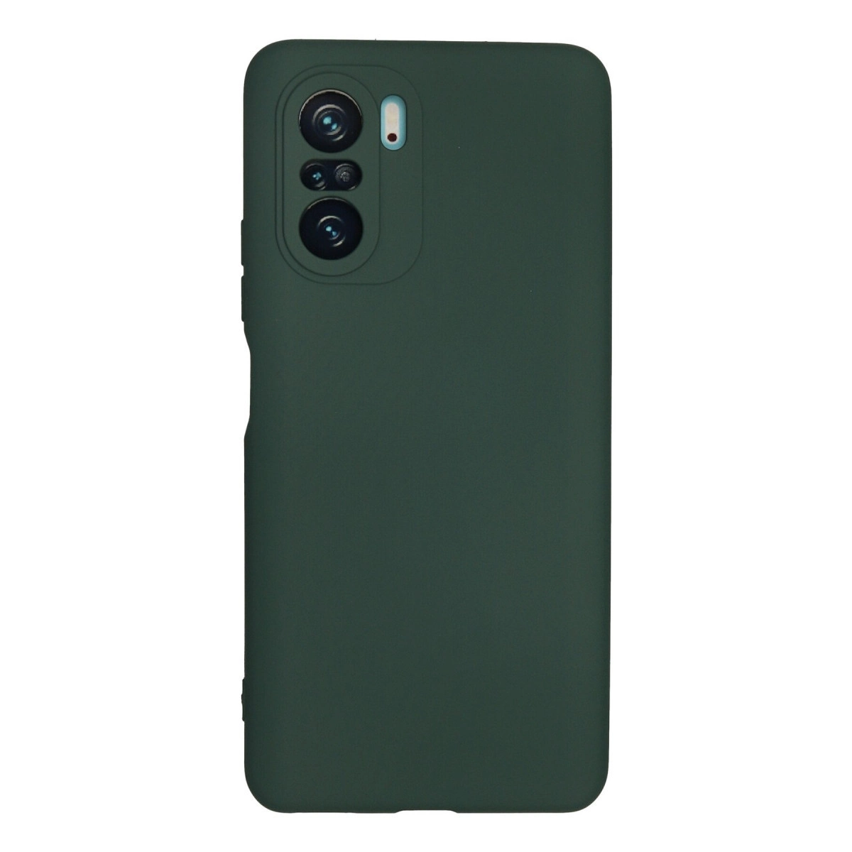 Arkada üçlü kamera ve flaşlı koyu yeşil telefon kılıfı.