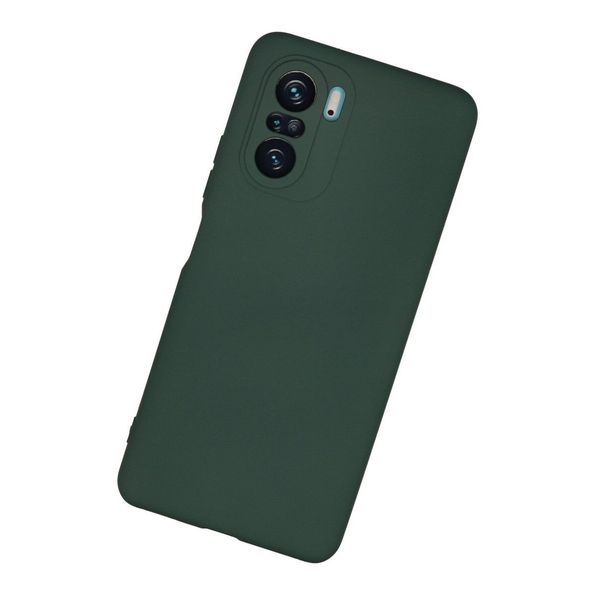 Kamera lensli ve flaşlı koyu yeşil telefon kılıfı.