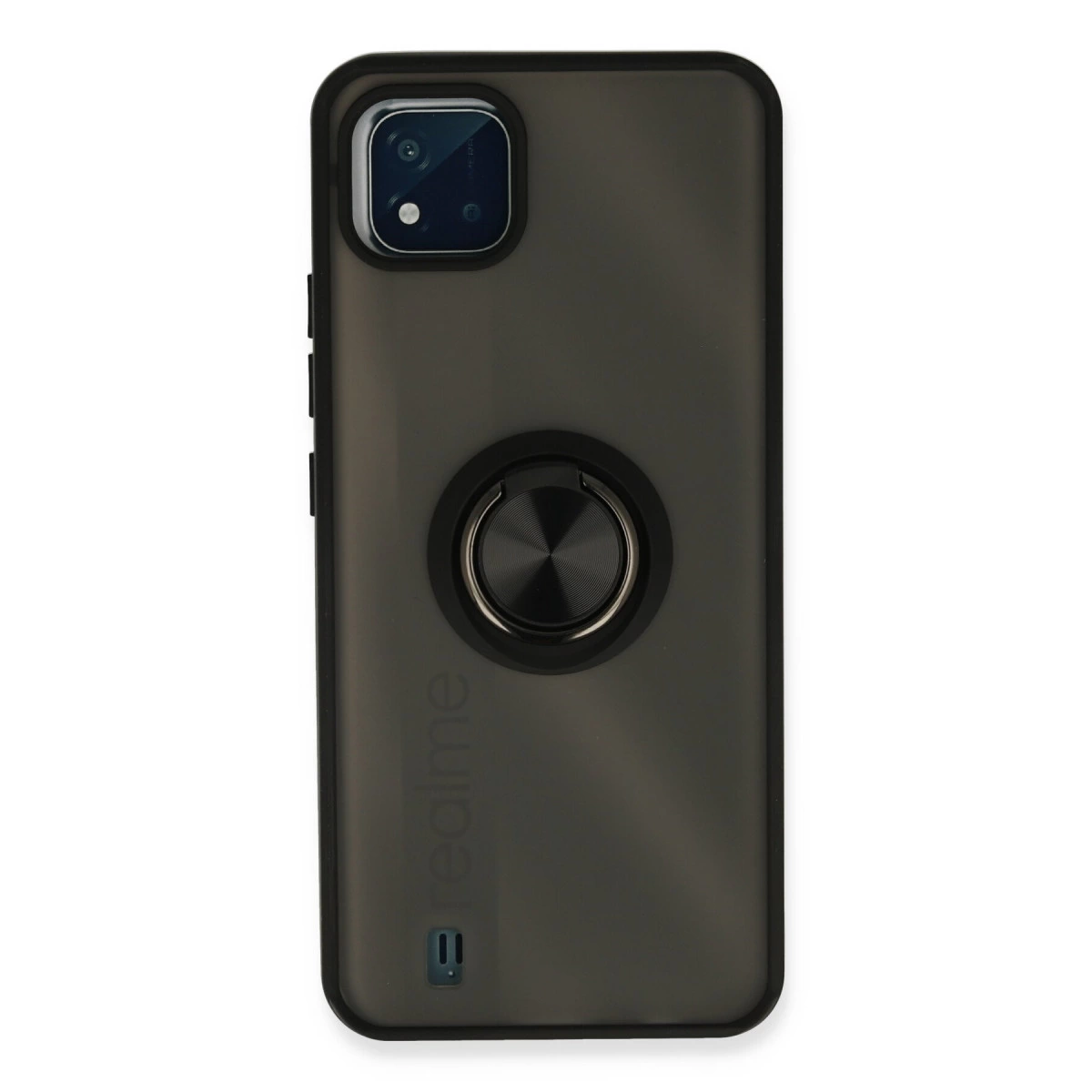 Halka tutuculu koyu gri telefon kılıfı ve kamera kesiti.