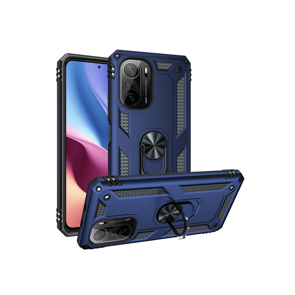 Halka tutuculu ve üçlü kameralı lacivert telefon kılıfı.