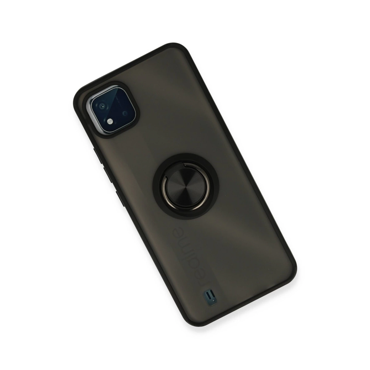 Halka tutuculu ve kamera modüllü koyu gri telefon kılıfı.