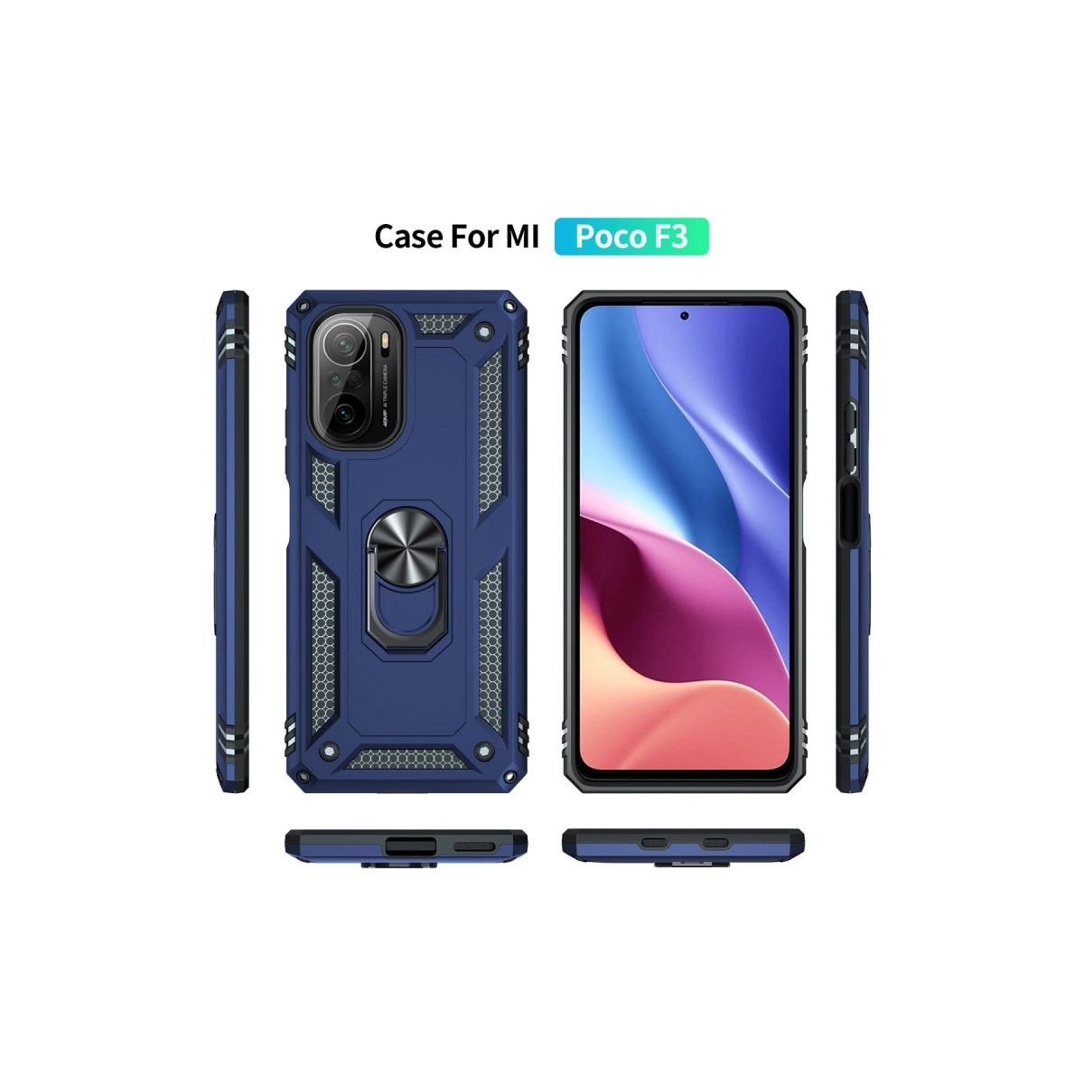 Poco F3 için halka tutuculu ve kamera kesimli lacivert telefon kılıfı.