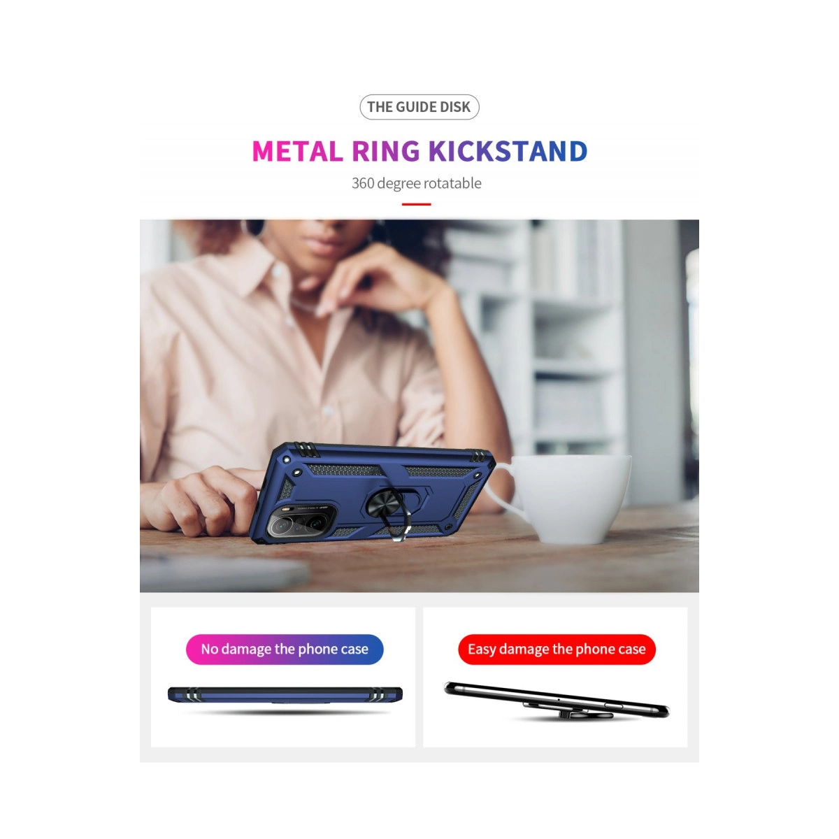 Kadının önünde metal halka ayaklı koyu mavi telefon kılıfı.