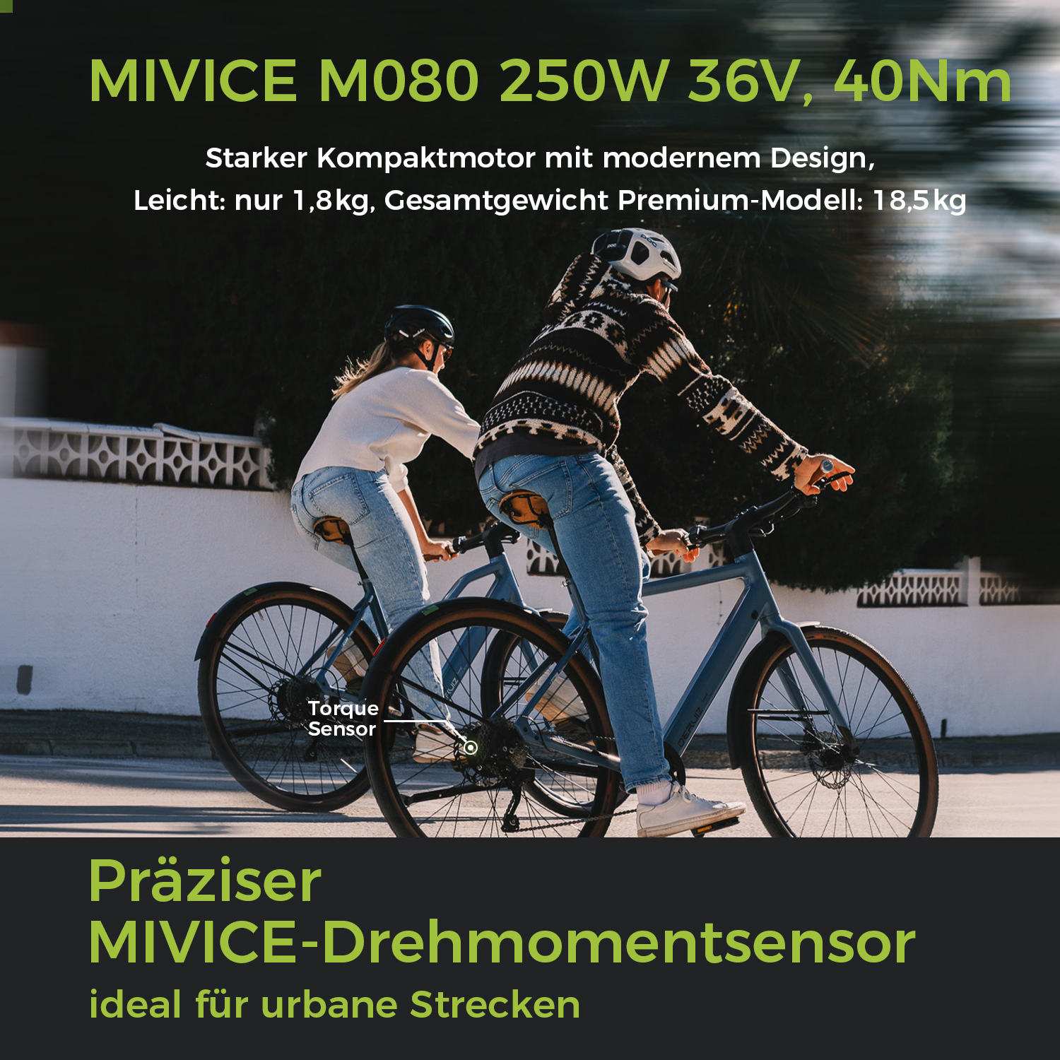 Zwei Personen fahren Fahrrad. Ein Torque Sensor ist markiert.