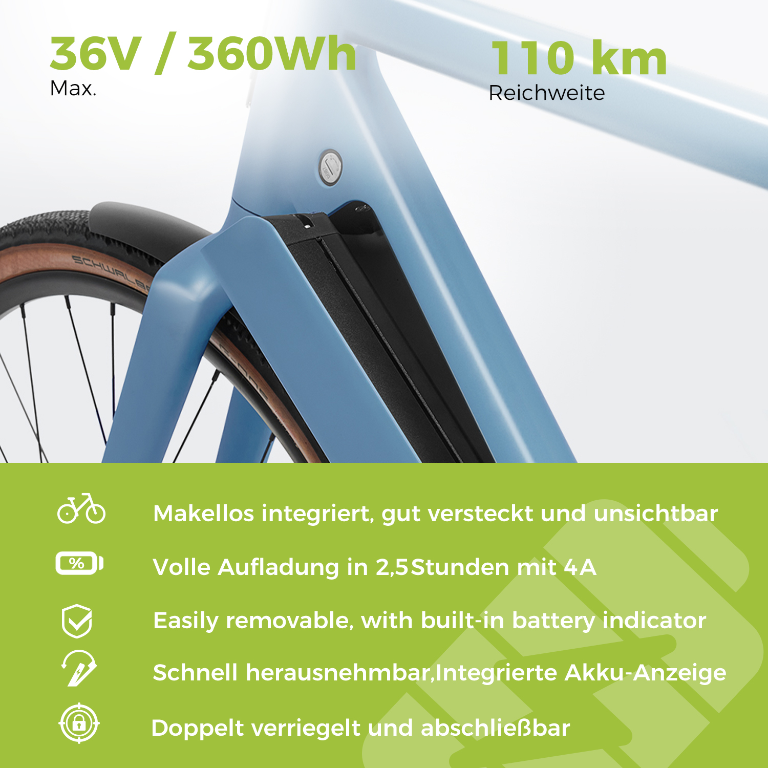 Blaues E-Bike: 36V/360Wh Akku, 110km Reichweite, integriert.