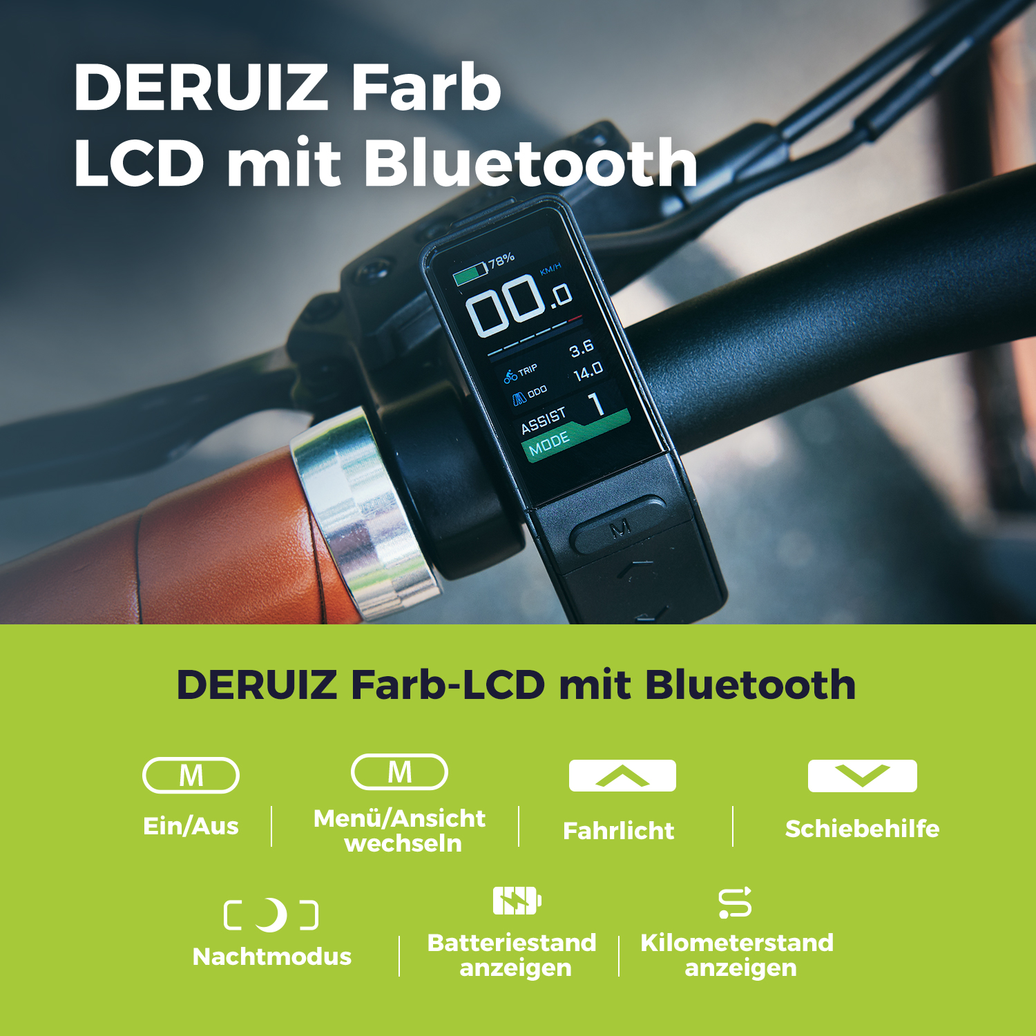 DERUIZ Farb-LCD mit Bluetooth, zeigt Geschwindigkeit, Modus und Akkustand an.