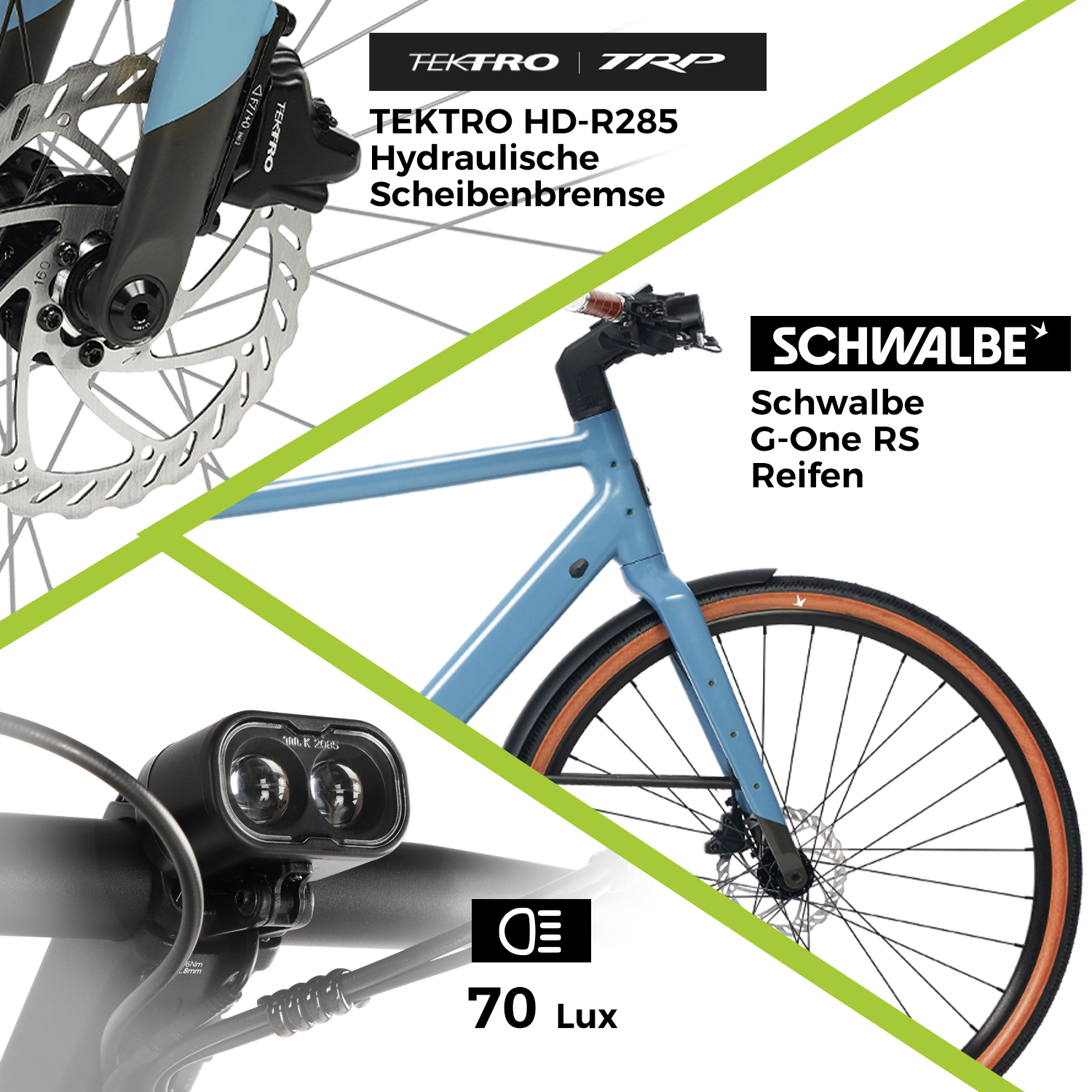 Blaues Fahrrad mit Tektro-Bremsen, Schwalbe-Reifen und 70-Lux-Licht.