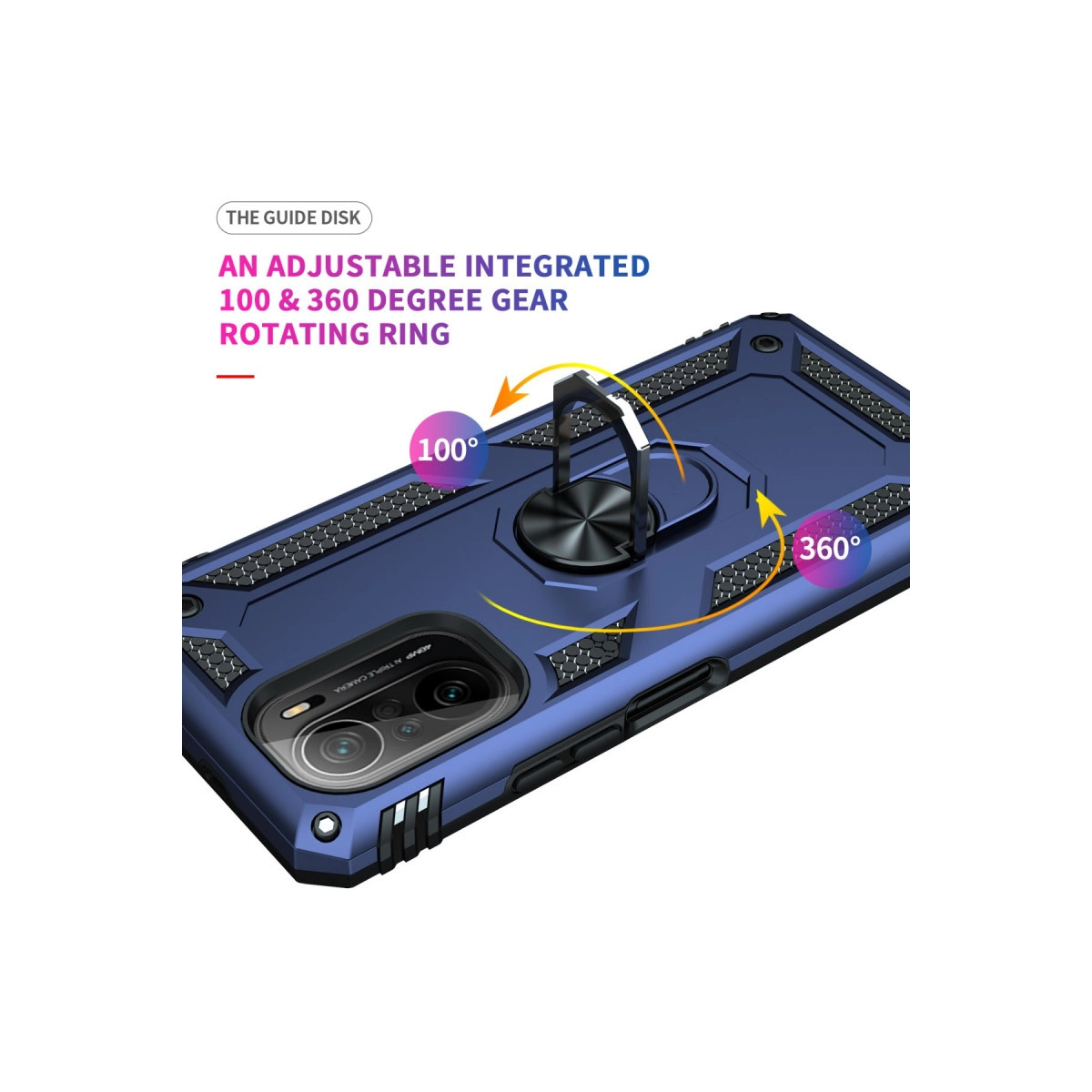 Entegre 360 derece yüzüklü lacivert telefon kılıfı, 100°/360° göstergeli.