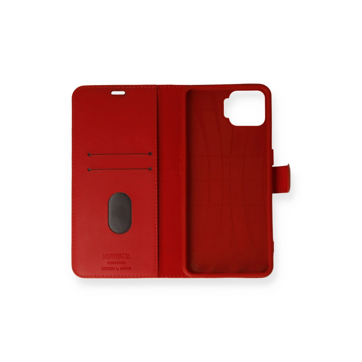 Kamera kesimli kart yuvalı kırmızı deri kapaklı telefon kılıfı.