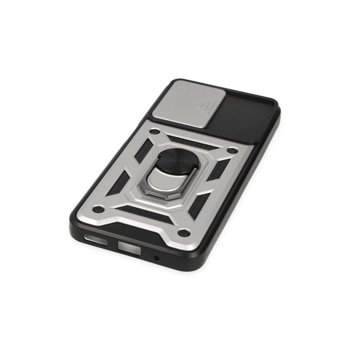 Halka ve kaydırmalı kapaklı siyah metal telefon kılıfı.