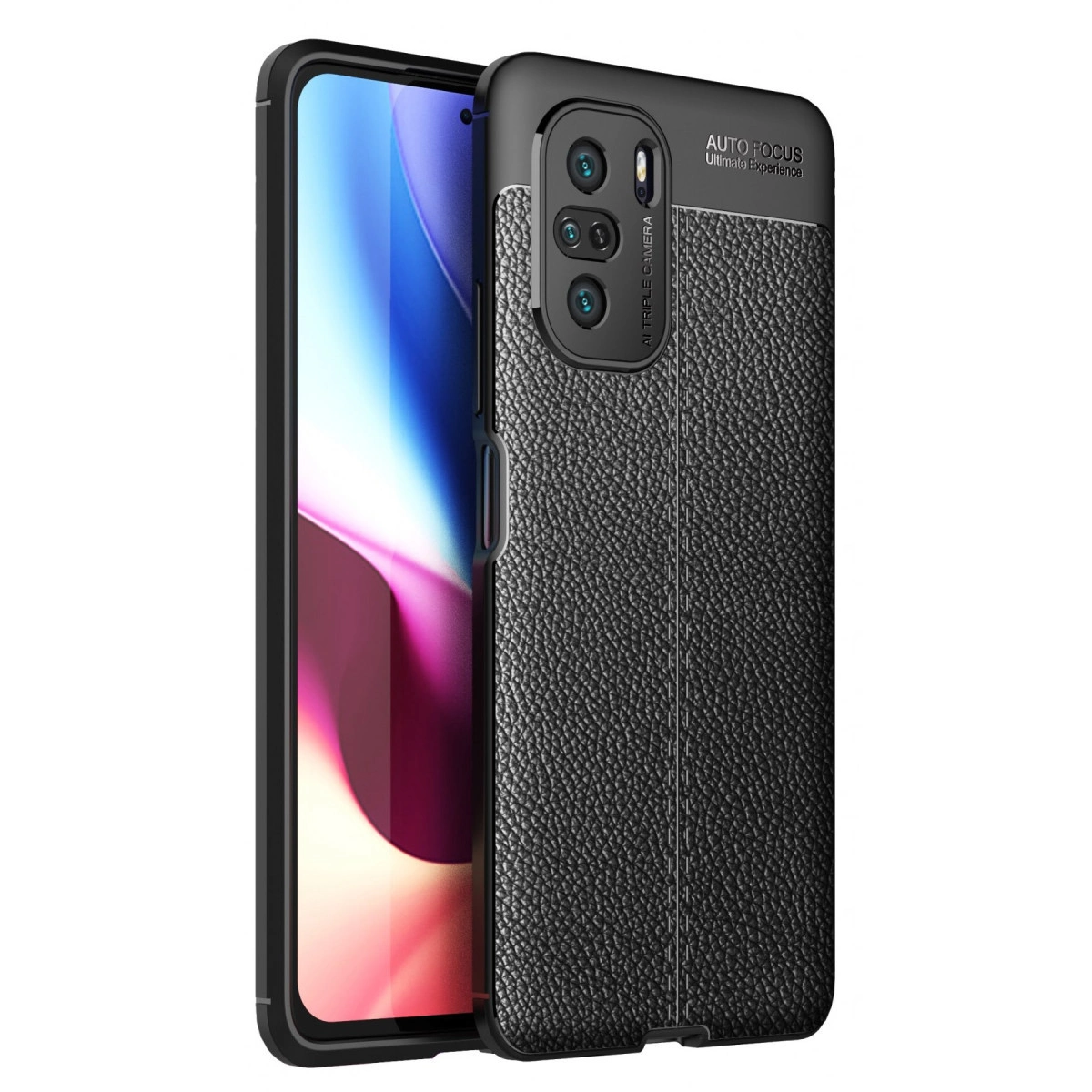 Deri dokulu, üç kameralı siyah telefon kılıfı.