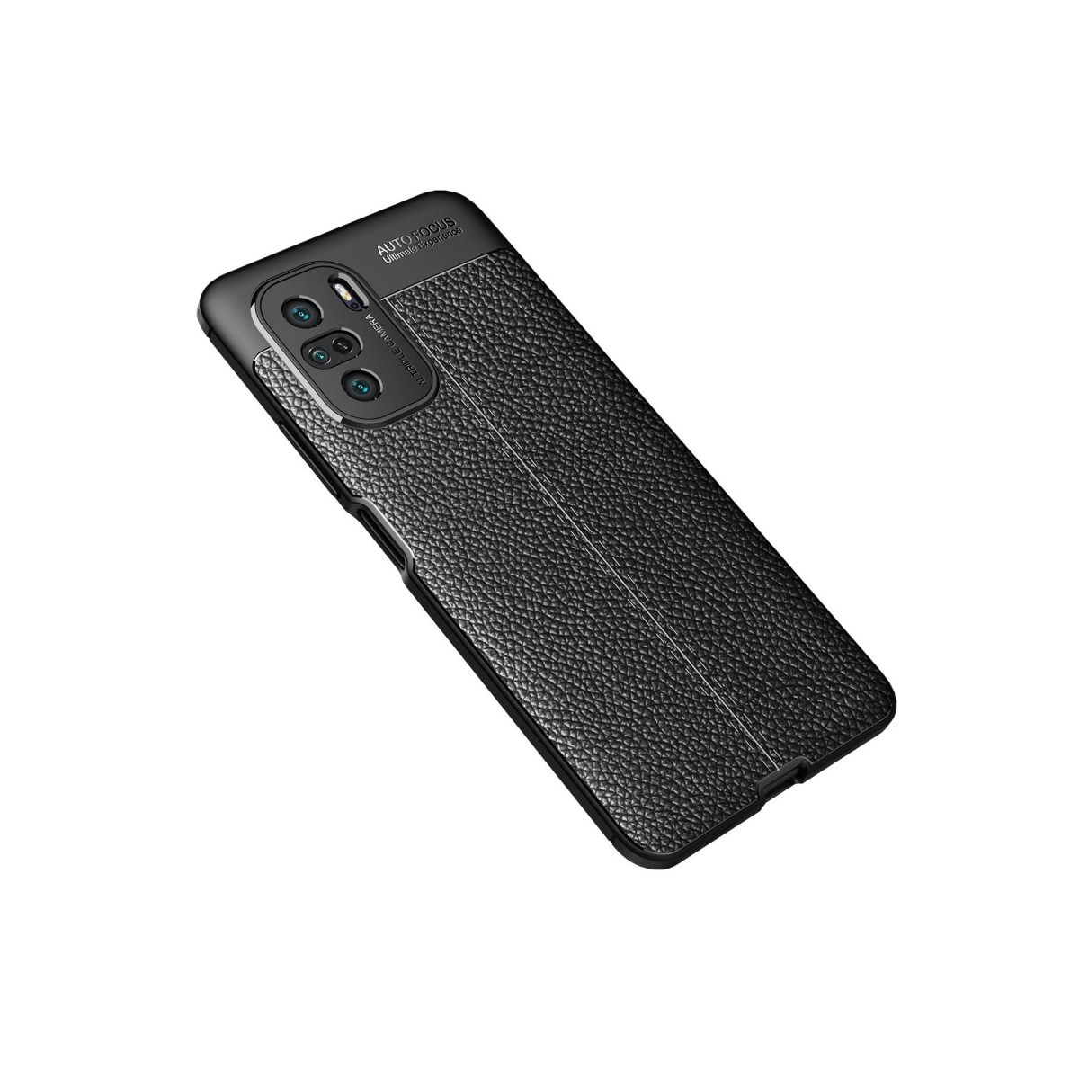 Beyaz arka plan üzerinde dokulu siyah telefon kılıfı ve kamera lensleri.