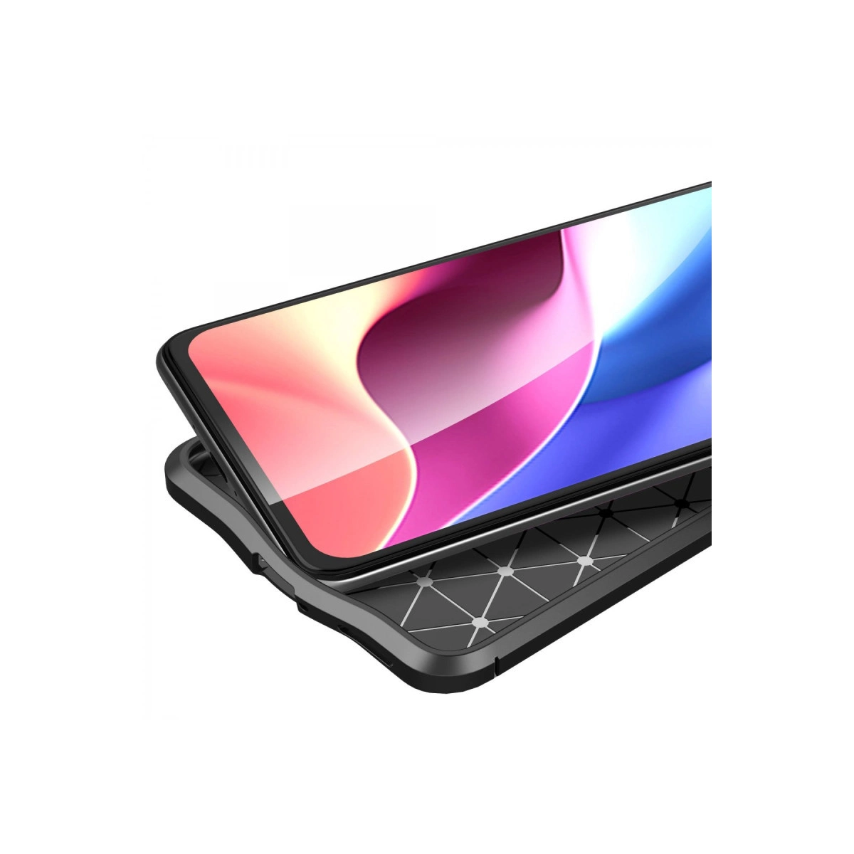 Renkli duvar kağıdı ve koruyucu kılıfı olan siyah bir akıllı telefon.
