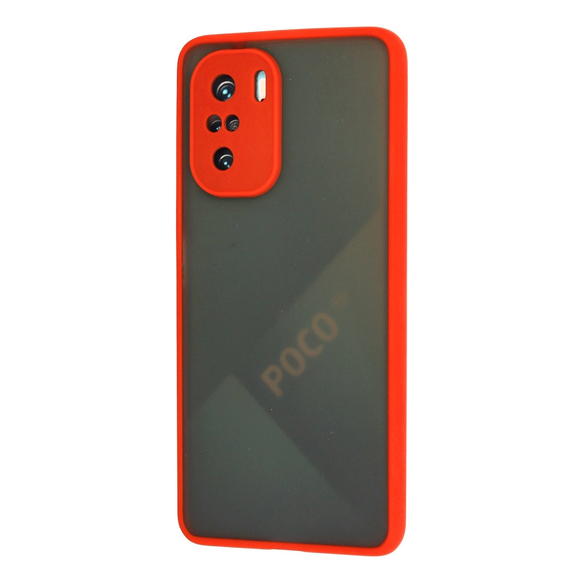 Kırmızı çerçeve, POCO logosu ve kamerası olan koyu arka.
