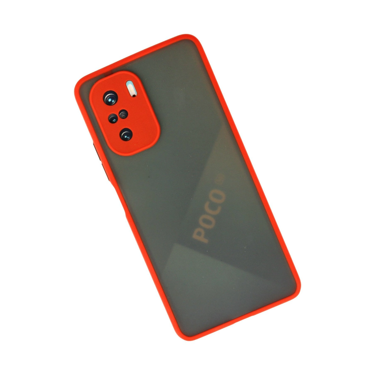 Kırmızı kenarlı ve kamera kesimli gri telefon kılıfı, POCO logosu.