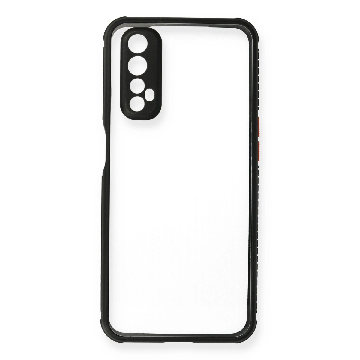 Siyah tamponlu ve kamera kesimli şeffaf telefon kılıfı.