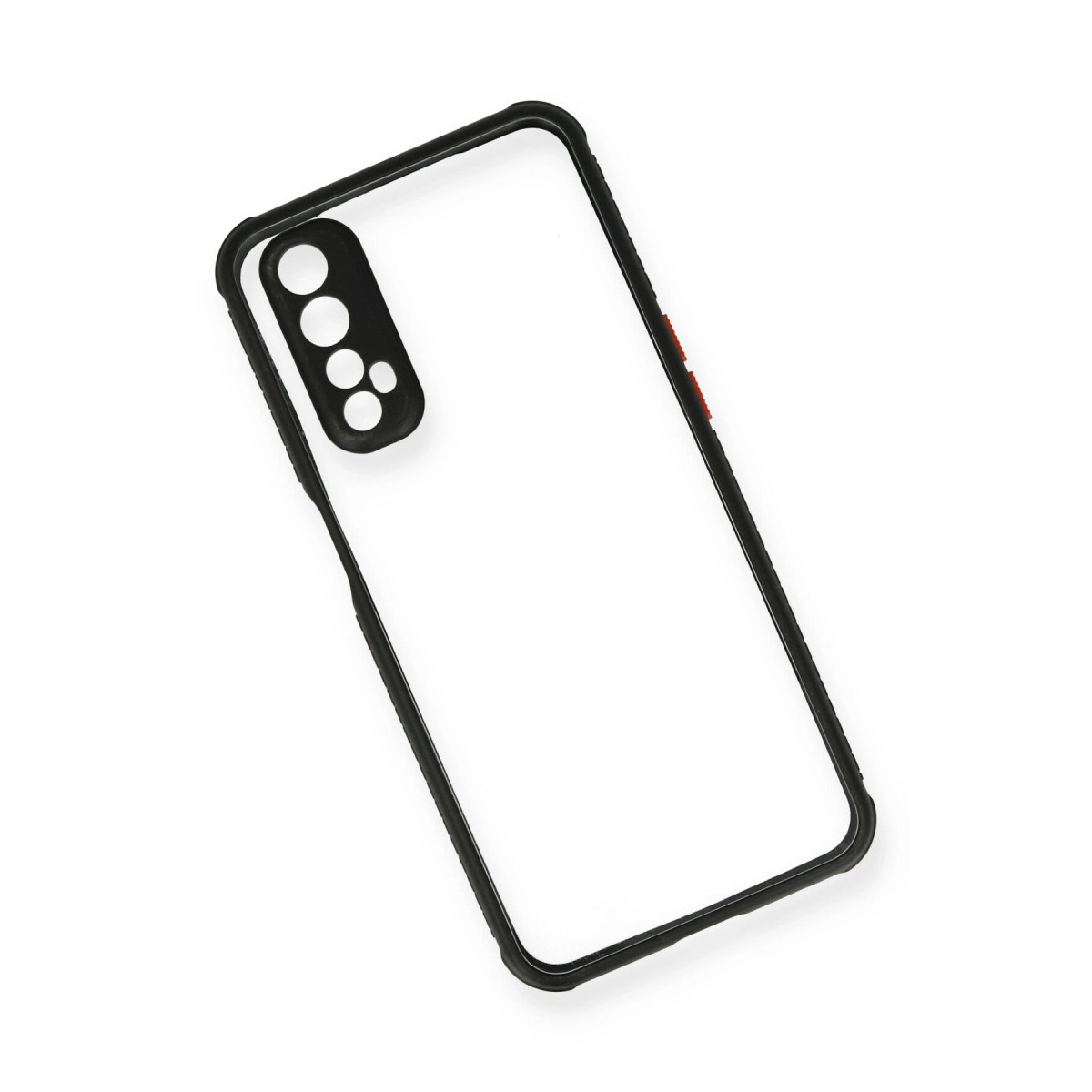 Siyah çerçeveli ve kamera modüllü şeffaf telefon kılıfı.