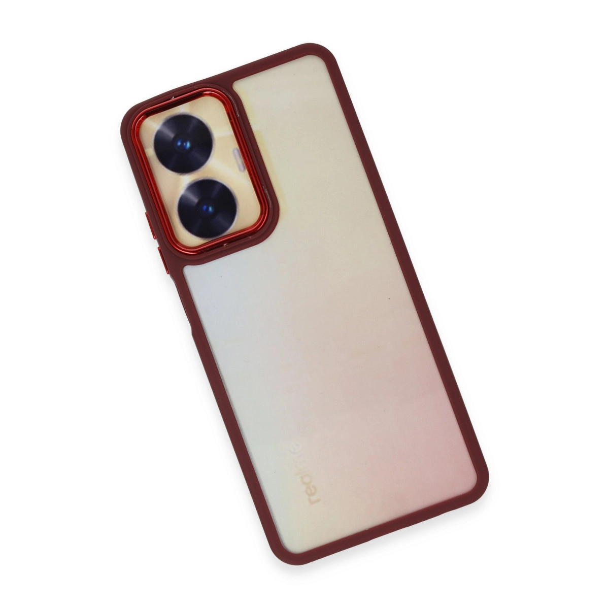 Koyu kırmızı çerçeveli, şeffaf arka kapaklı telefon.