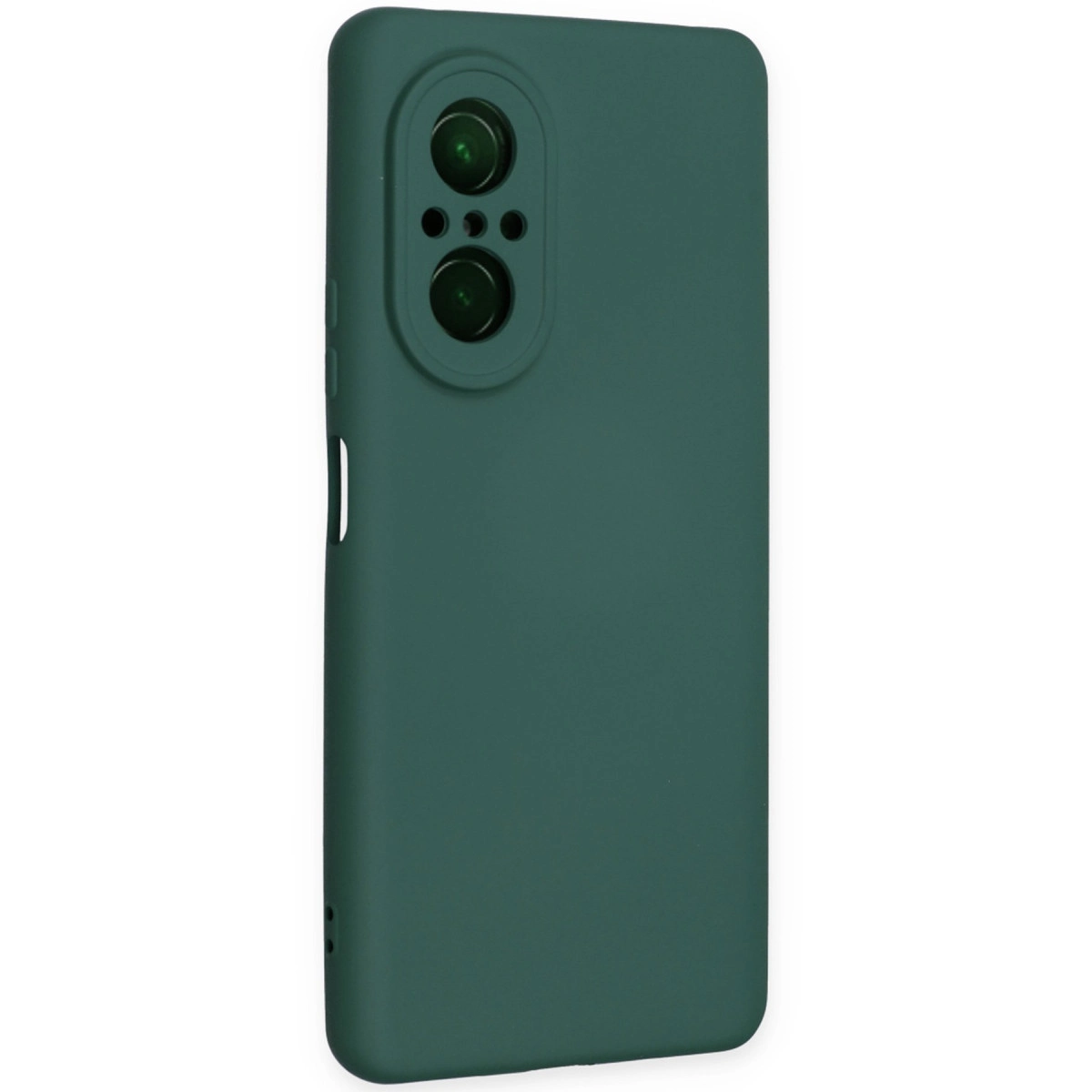 Kamera kesimli koyu yeşil telefon kılıfı ve düğmeler.