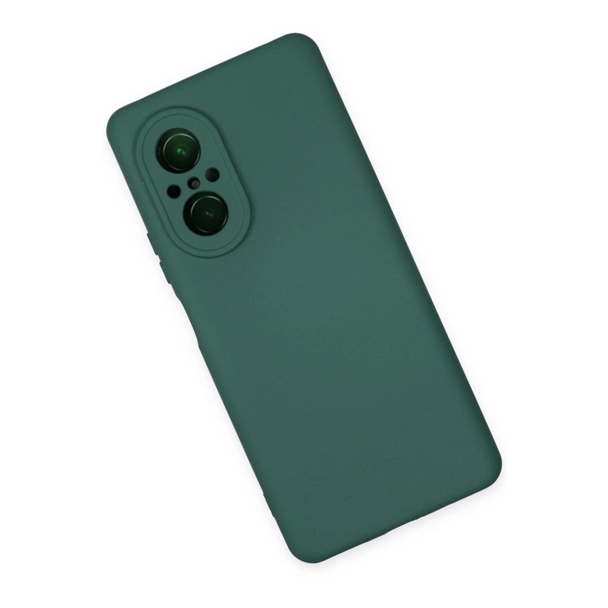 Beyaz zeminde kamera oyuntulu koyu yeşil telefon kılıfı.
