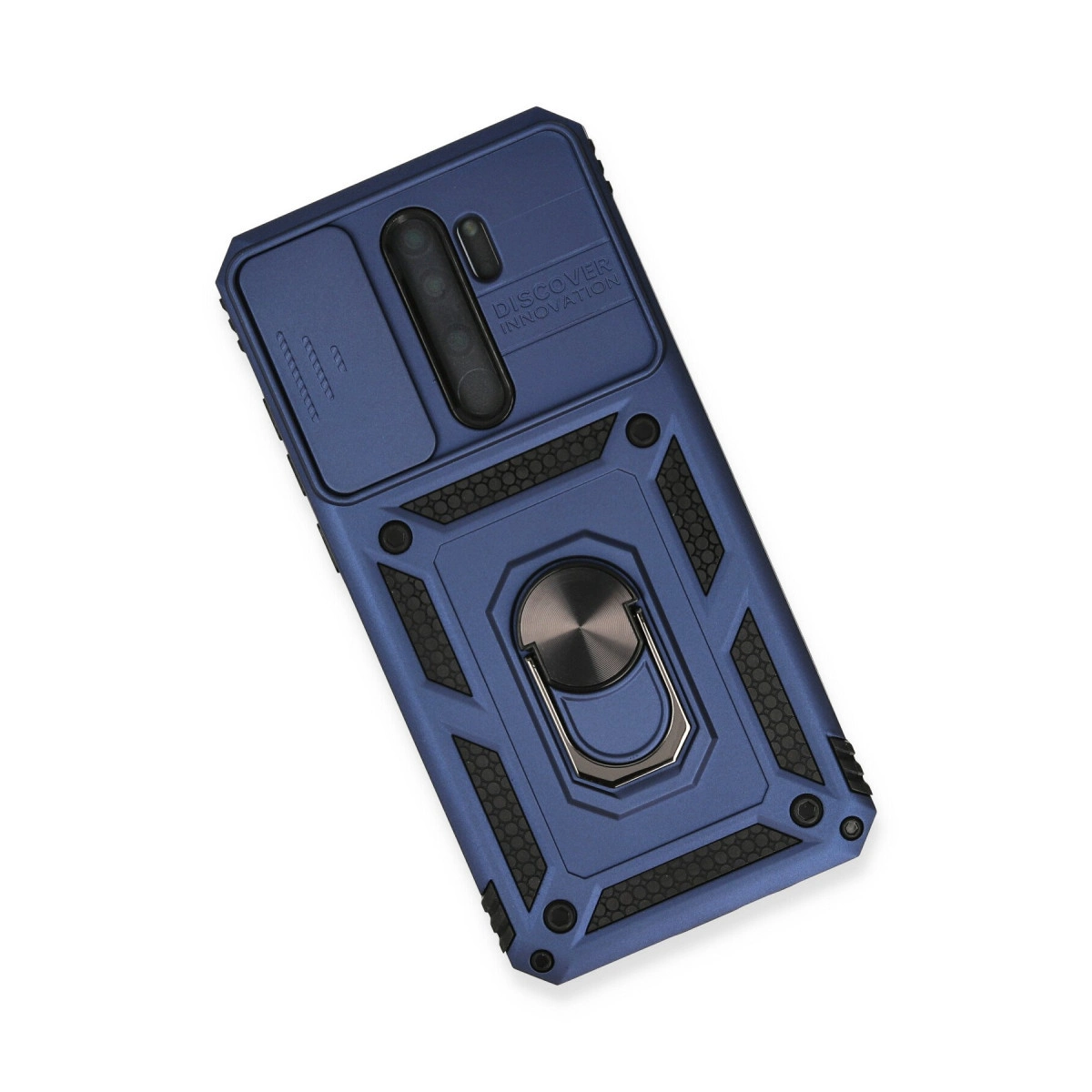 Halka tutuculu ve kamera kapaklı lacivert telefon kılıfı.