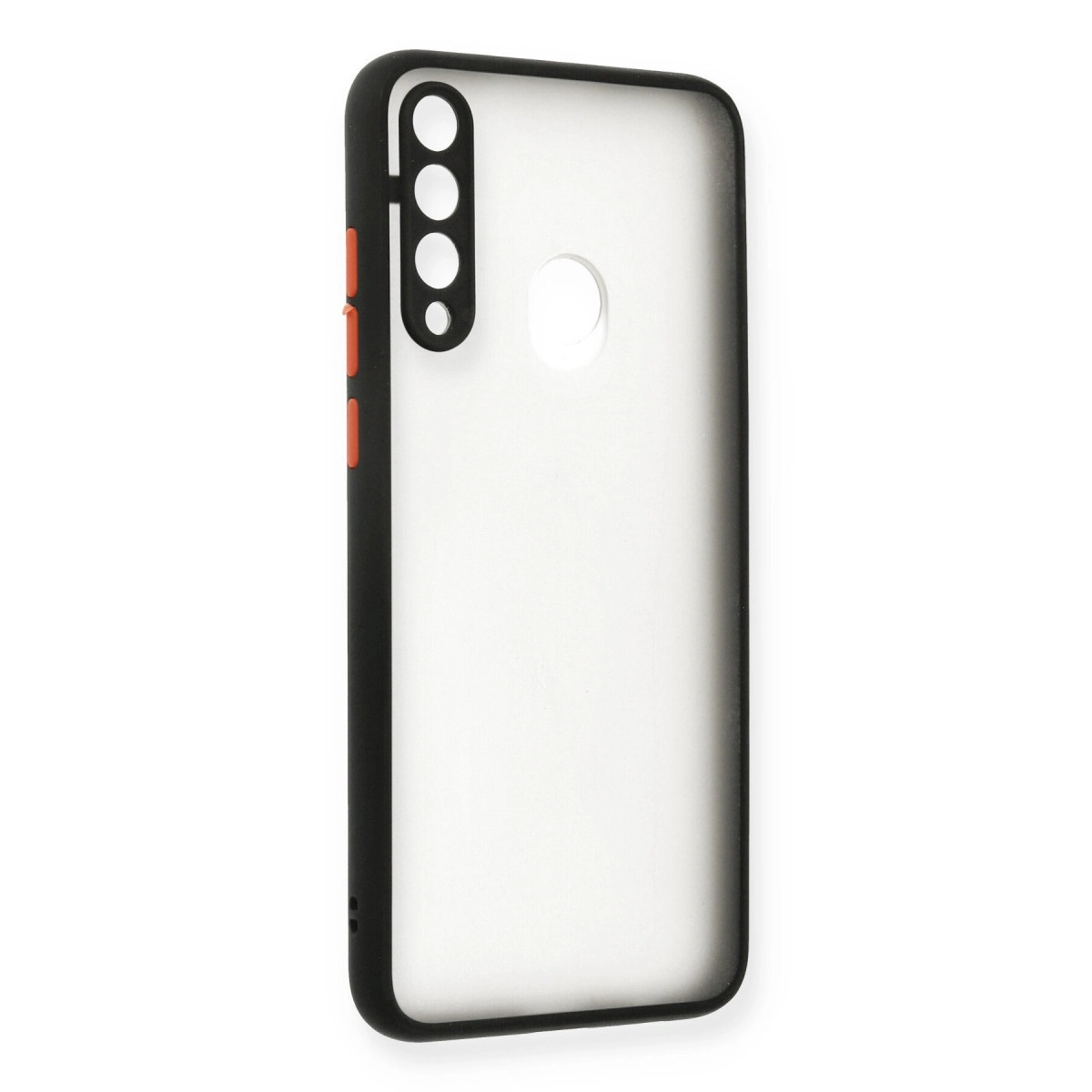 Şeffaf arkalı ve turuncu düğmeli siyah telefon kılıfı.