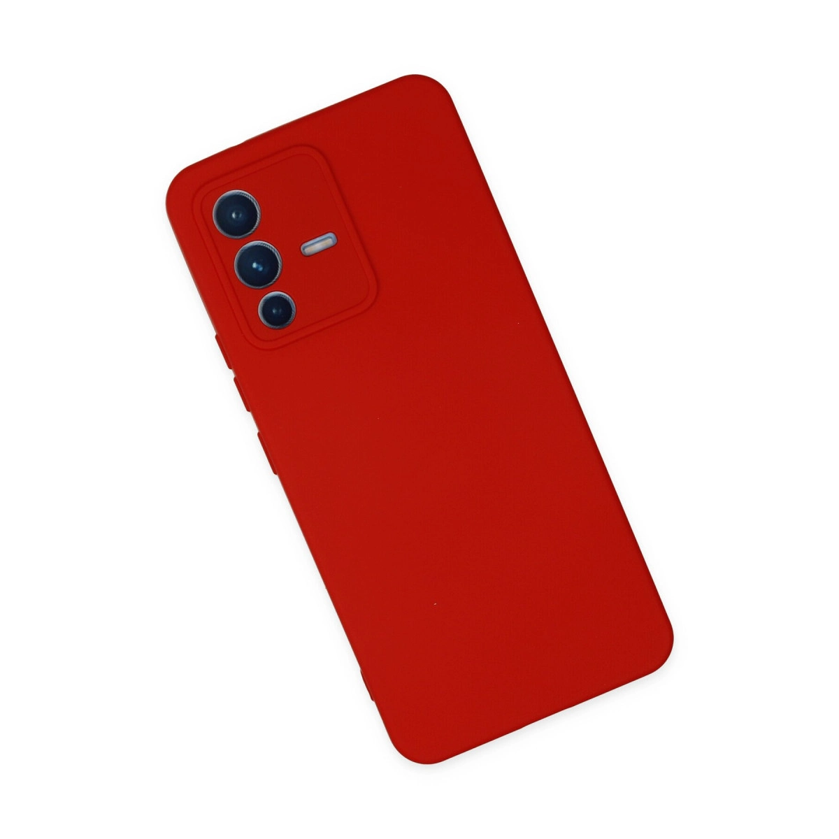 Üç kamera lensli ve flaşlı kırmızı akıllı telefon kılıfı.