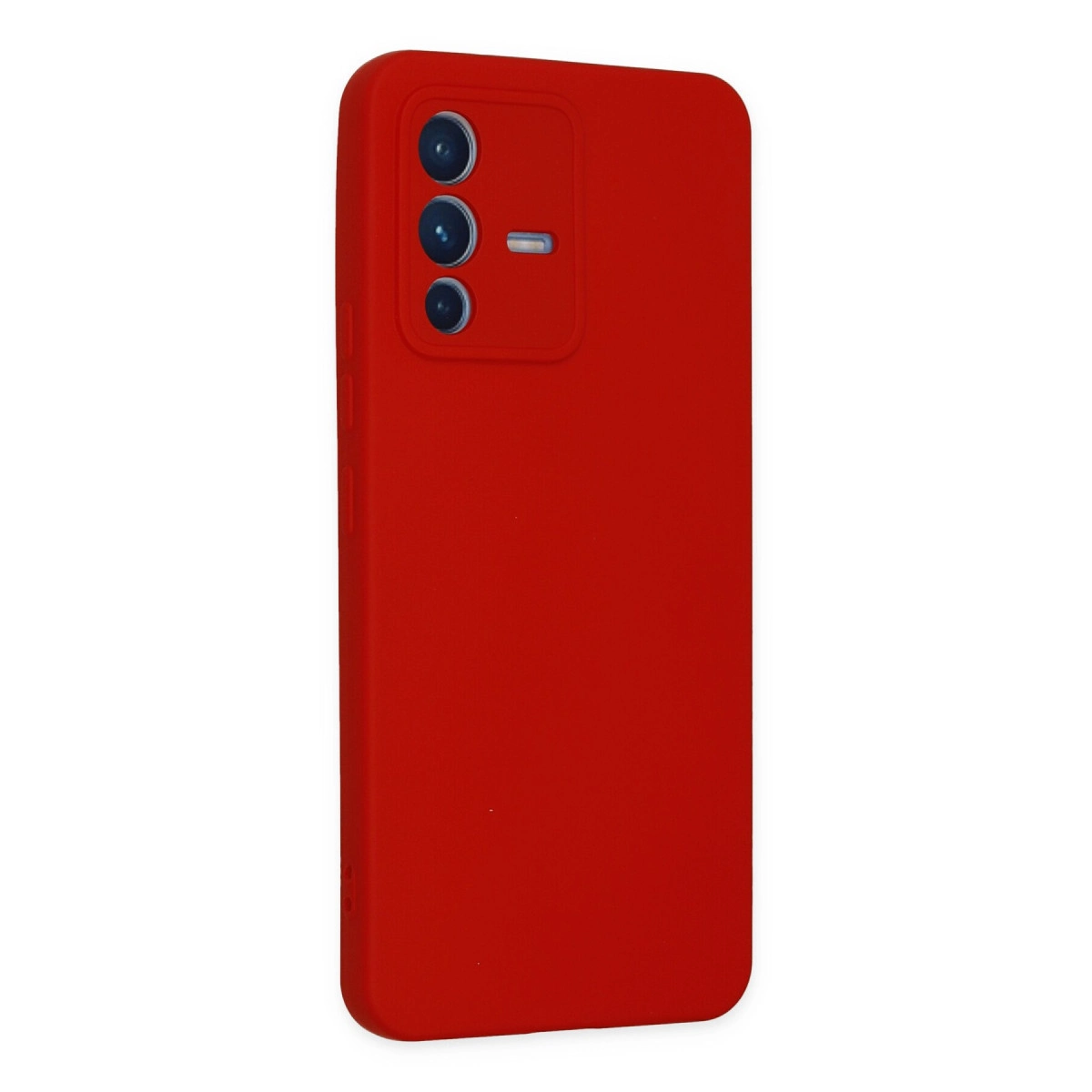 Üç kamera lensi ve flaşı olan kırmızı telefon kılıfı.
