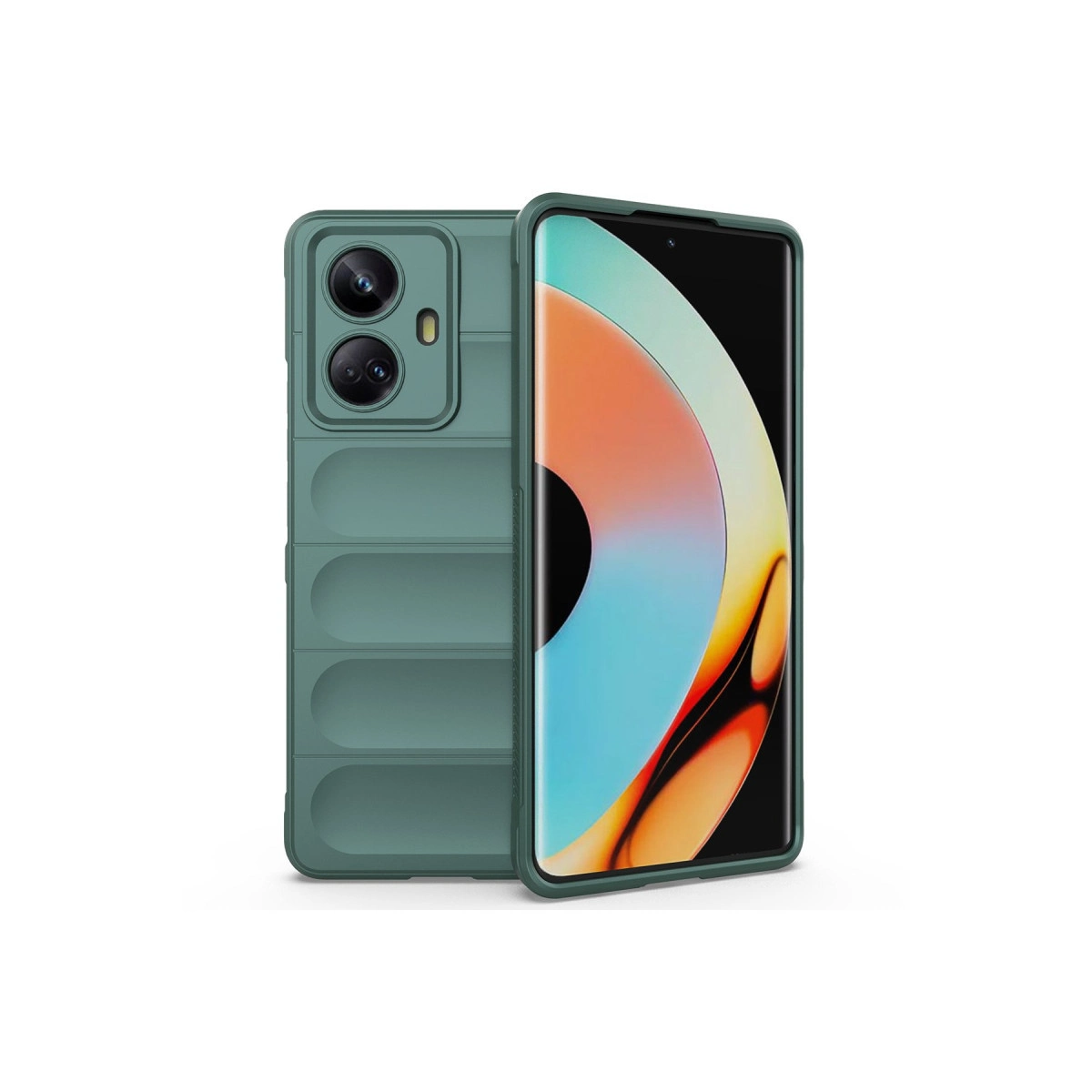 Kanallı arkası ve kamera yuvası olan yeşil telefon kılıfı.
