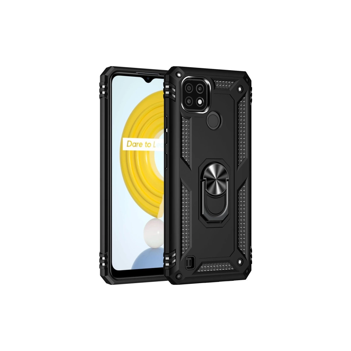 Halka tutuculu ve kamera dizili siyah telefon kılıfı.