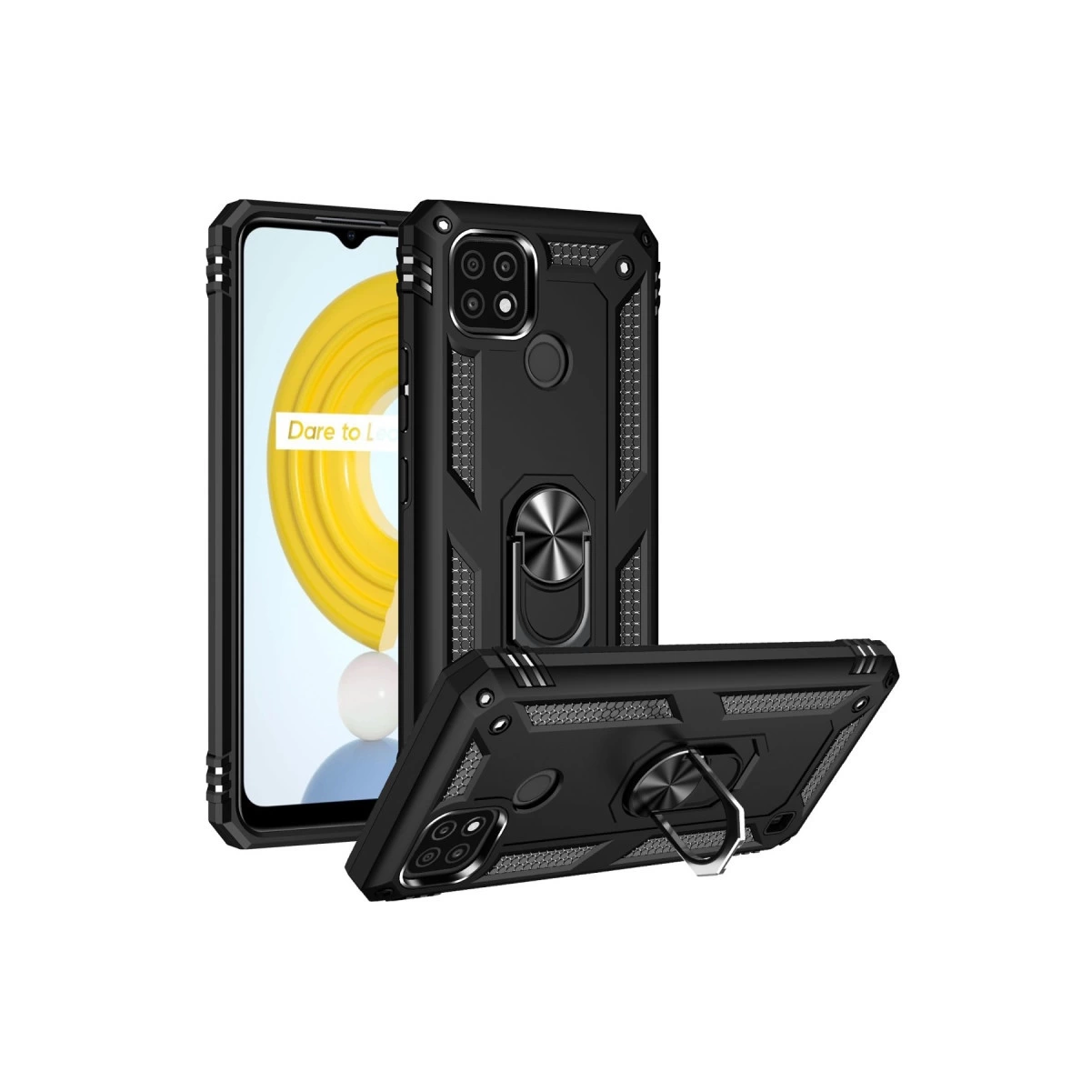 Halka tutuculu ve güçlendirilmiş köşeli siyah telefon kılıfı, beyaz arka plan.