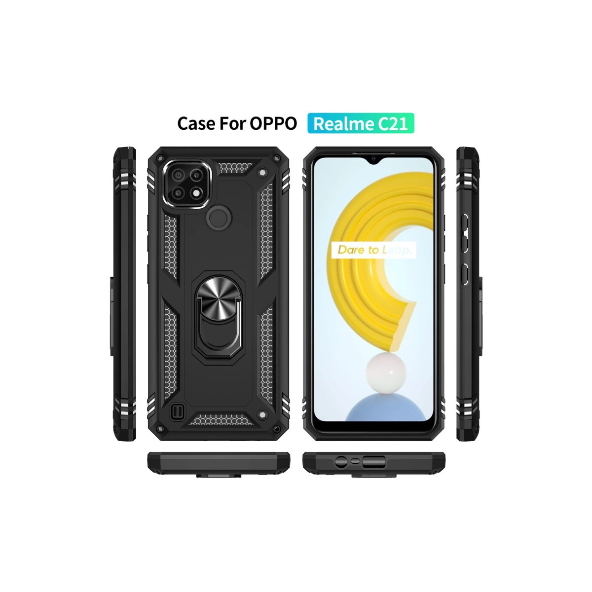 Realme C21 için halka tutuculu siyah telefon kılıfı. Birden çok görünüm.