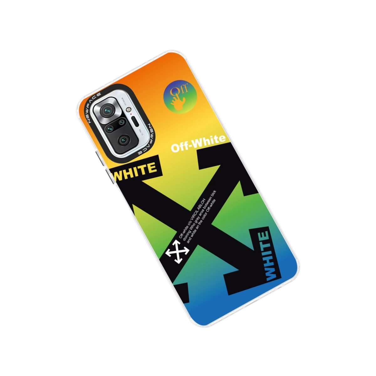 Turuncudan maviye geçişli, Off-White logosu ve okları bulunan telefon kılıfı.