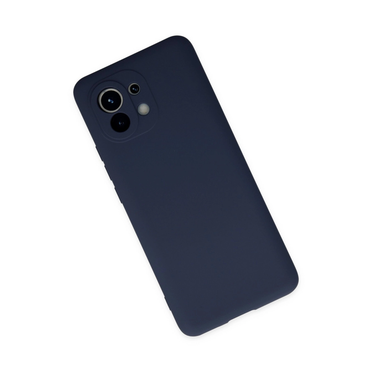 Üçlü kamera ve flaşlı lacivert telefon kılıfı, beyaz arka plan üzerinde.