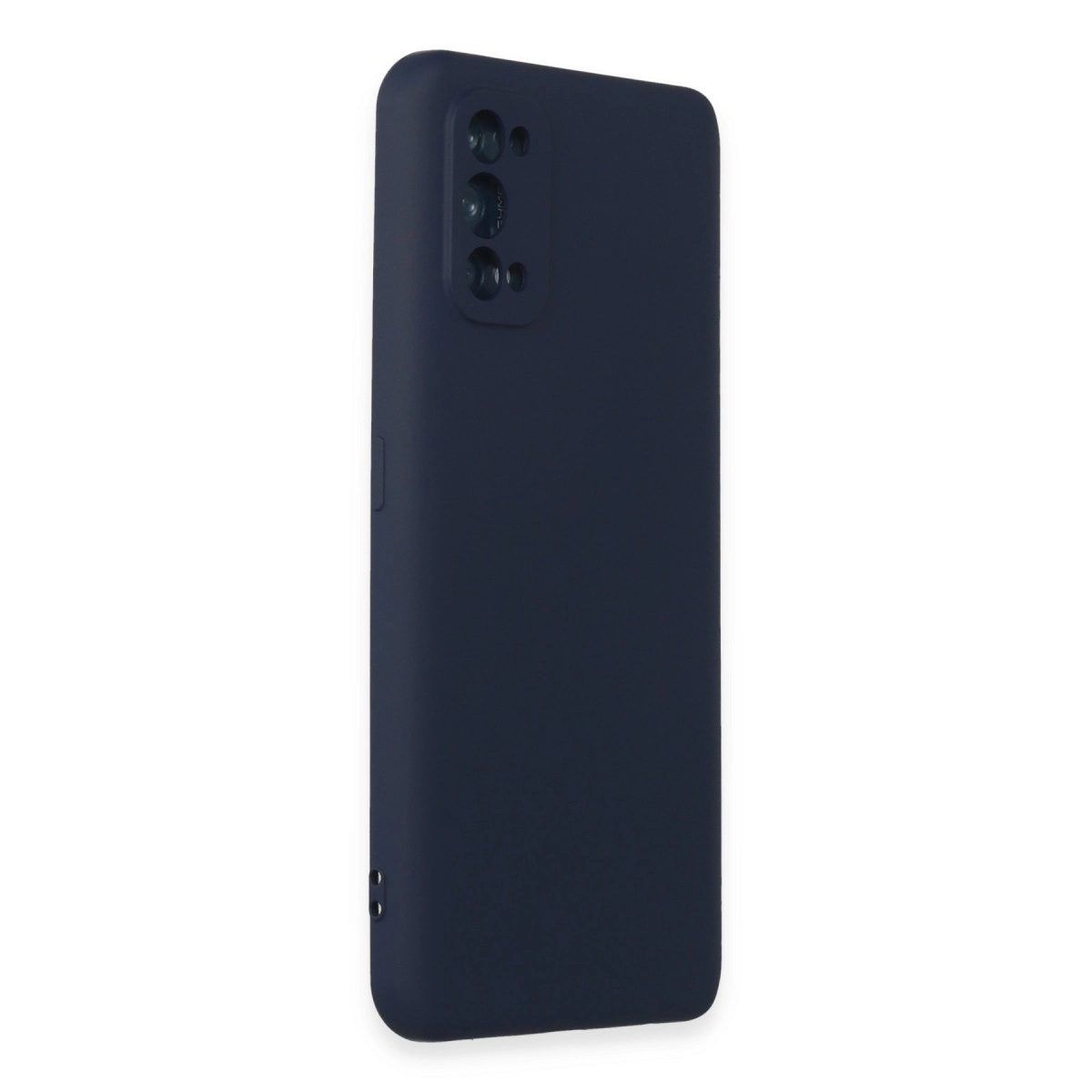 Üçlü kamera kesimli lacivert telefon kılıfı, beyaz arka plan üzerinde.