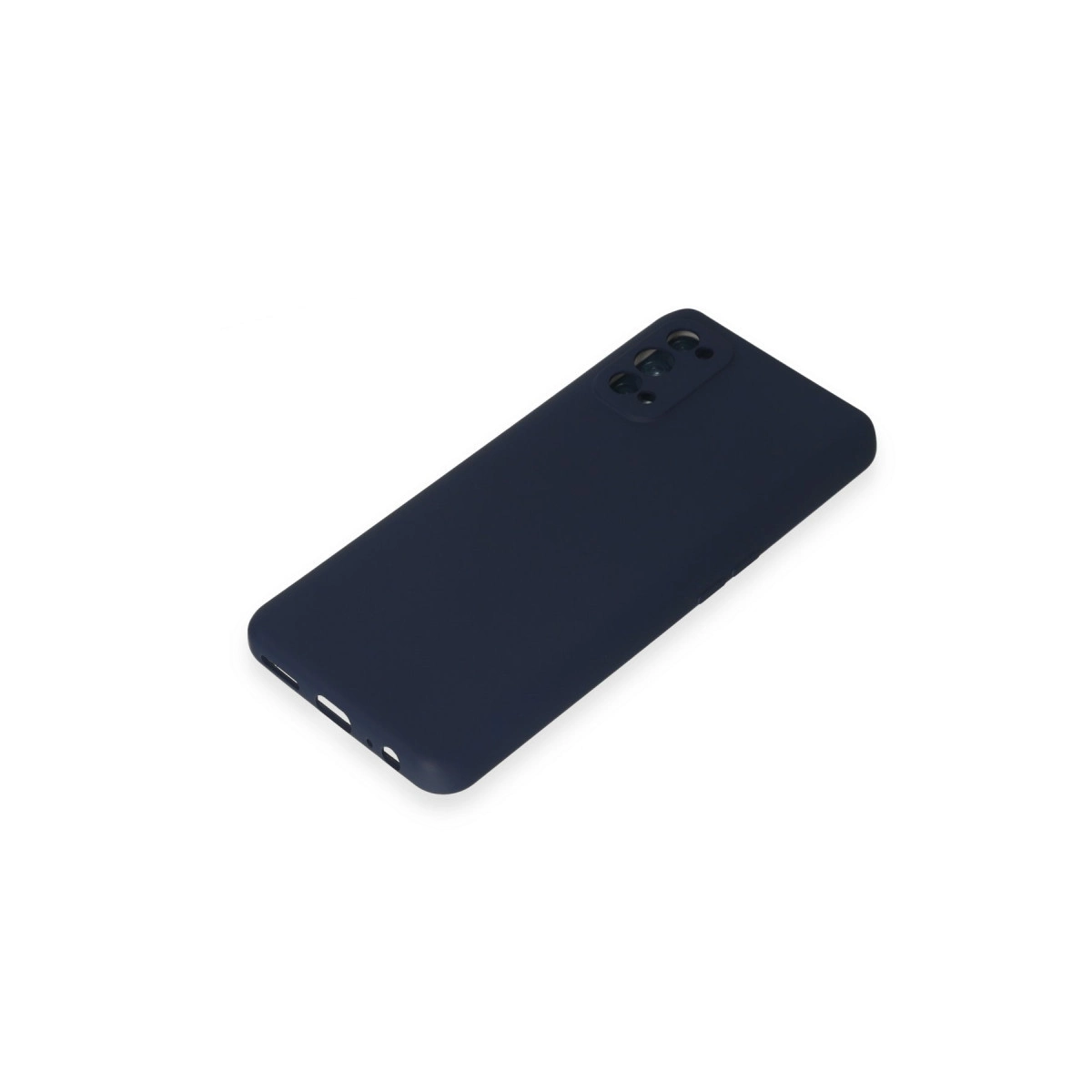 Beyaz arka plan üzerinde kamera kesimli lacivert telefon kılıfı.
