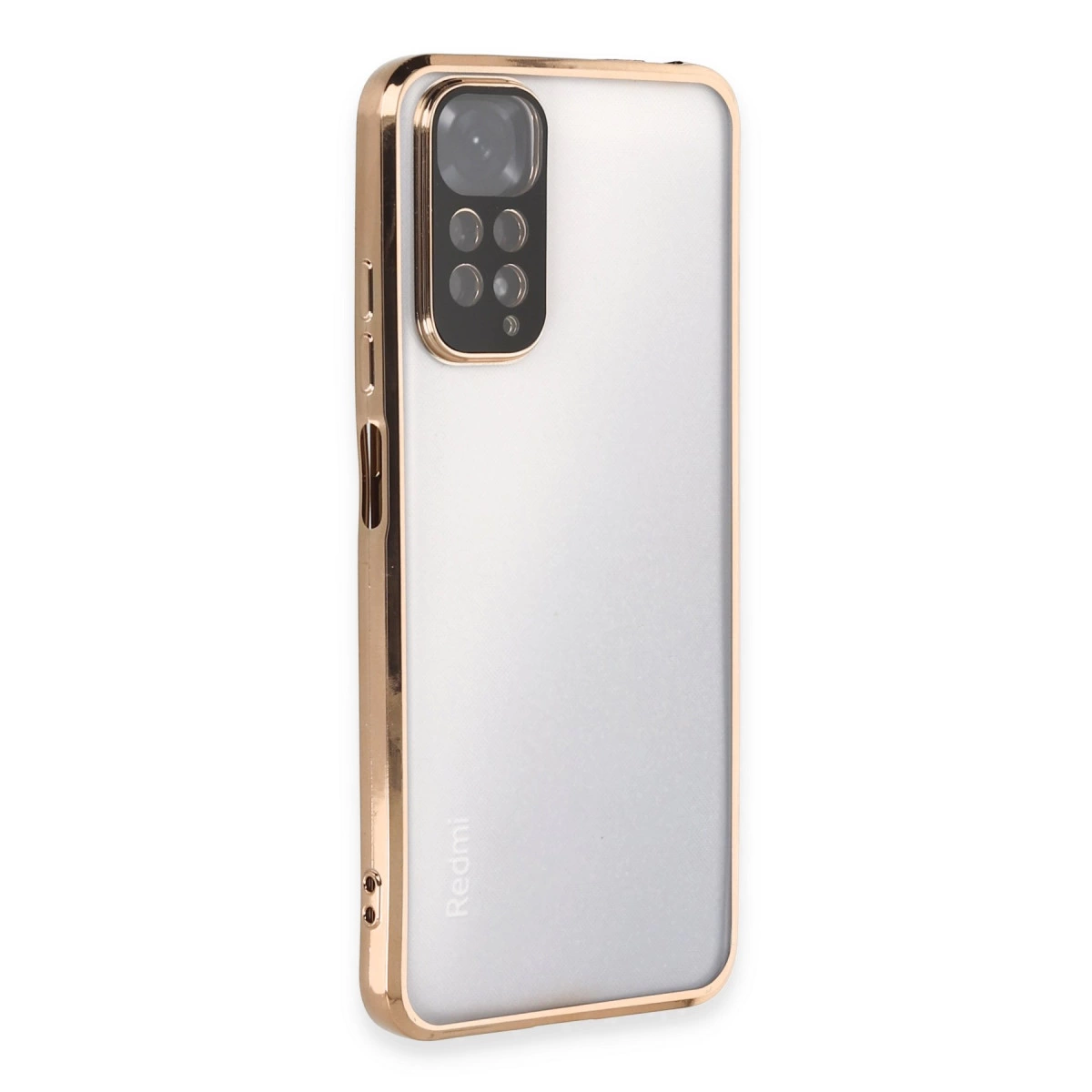 Altın çerçeveli ve kamera lensli şeffaf telefon kılıfı.