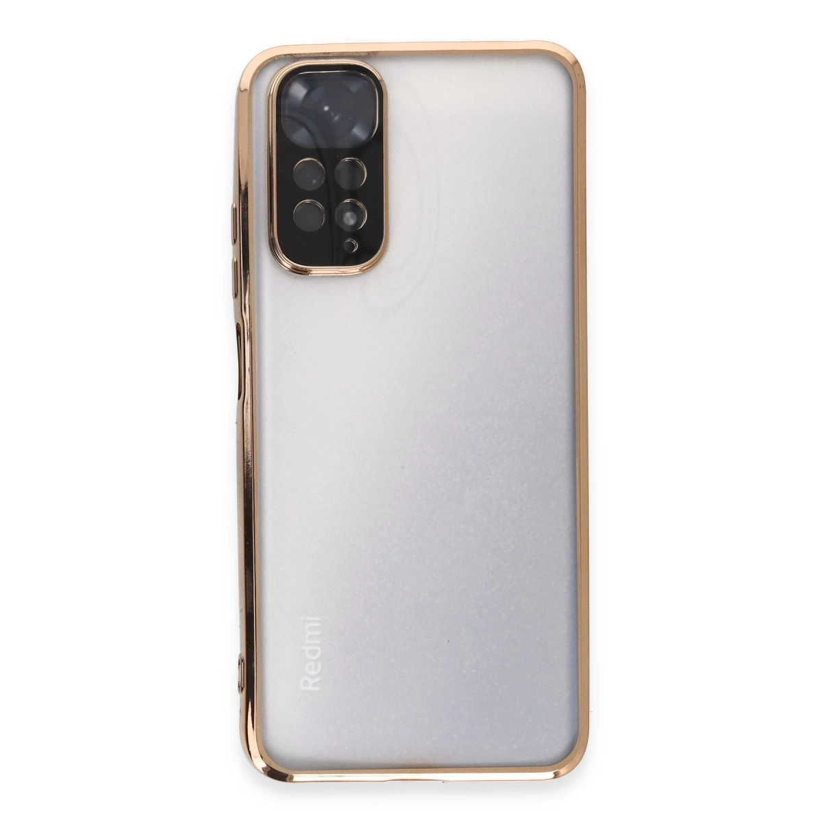 Altın çerçeveli ve kamera modüllü şeffaf telefonun arkası.