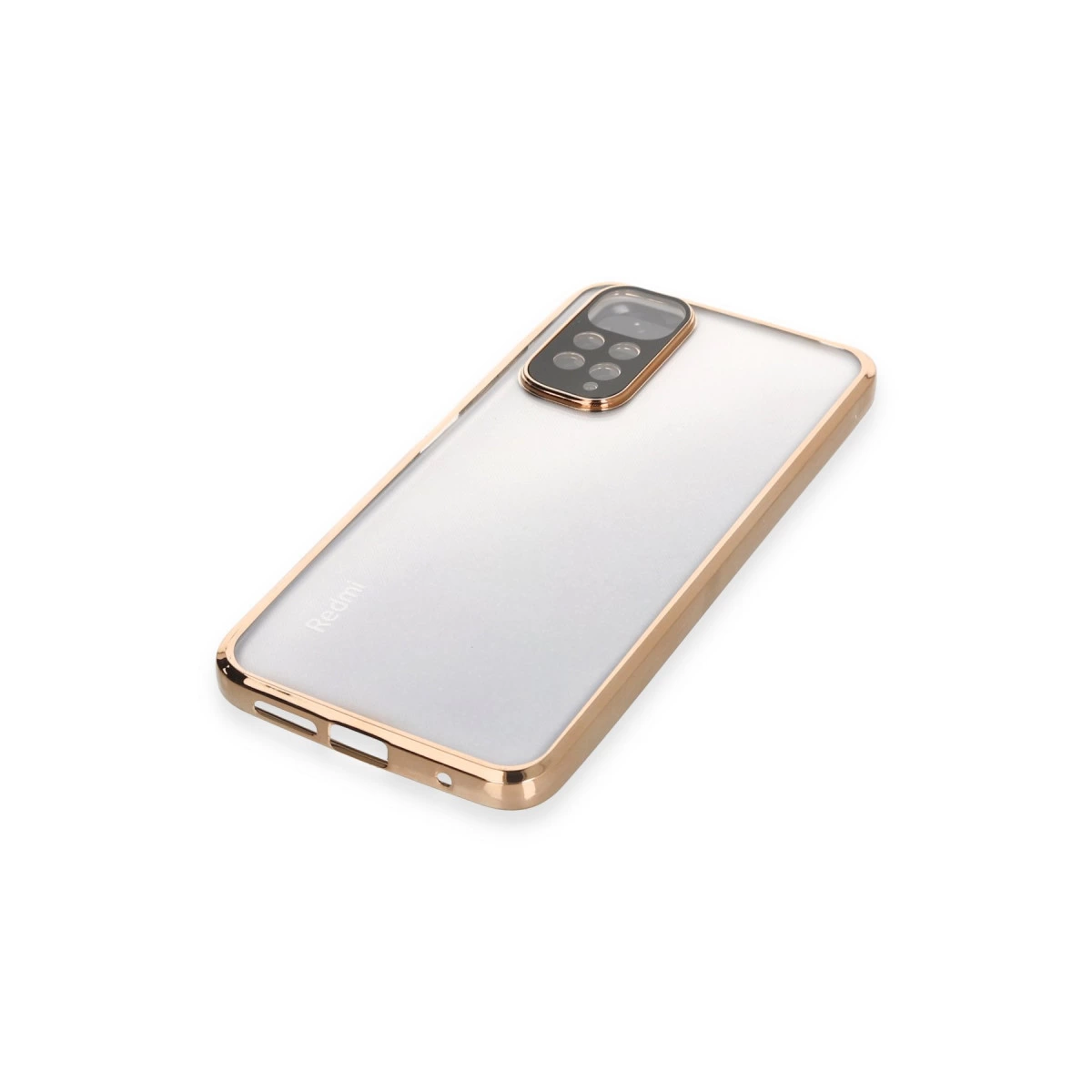 Altın çerçeveli ve kamera modüllü şeffaf telefon kılıfı.