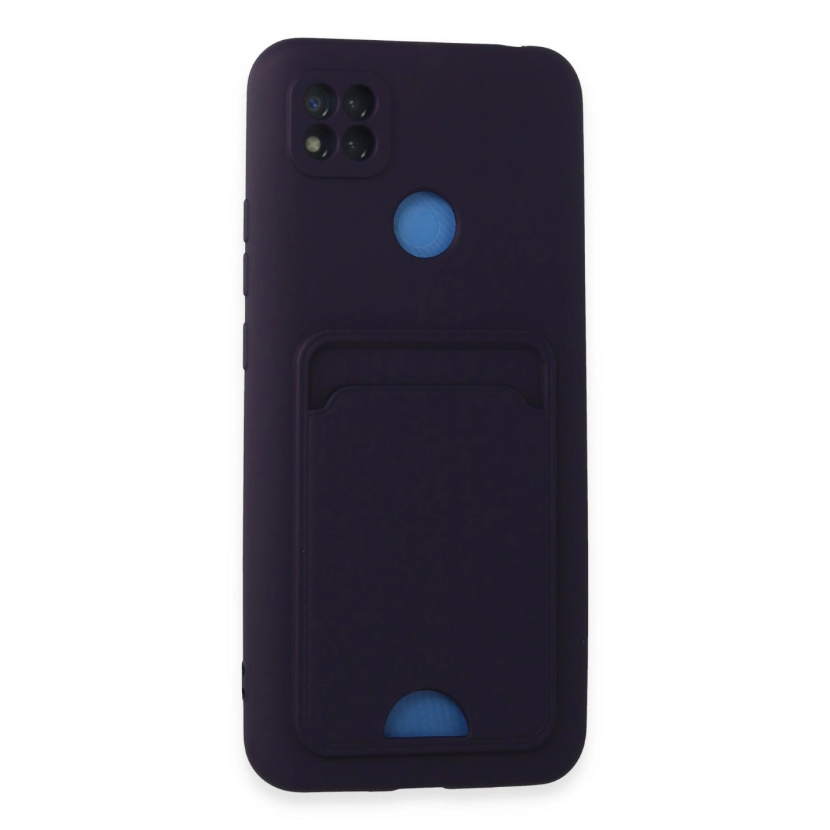 Kart yuvalı ve mavi kesimli koyu mor telefon kılıfı.