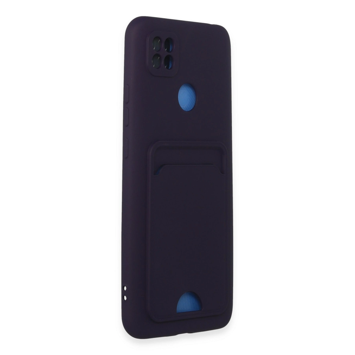 Koyu mor renkli, kart yuvalı ve kamera kesimli telefon kılıfı.