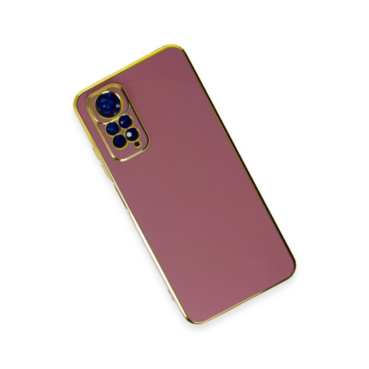 Beyaz arka plan üzerinde altın kenarlı, pembe bir telefon ve kamera yuvası.
