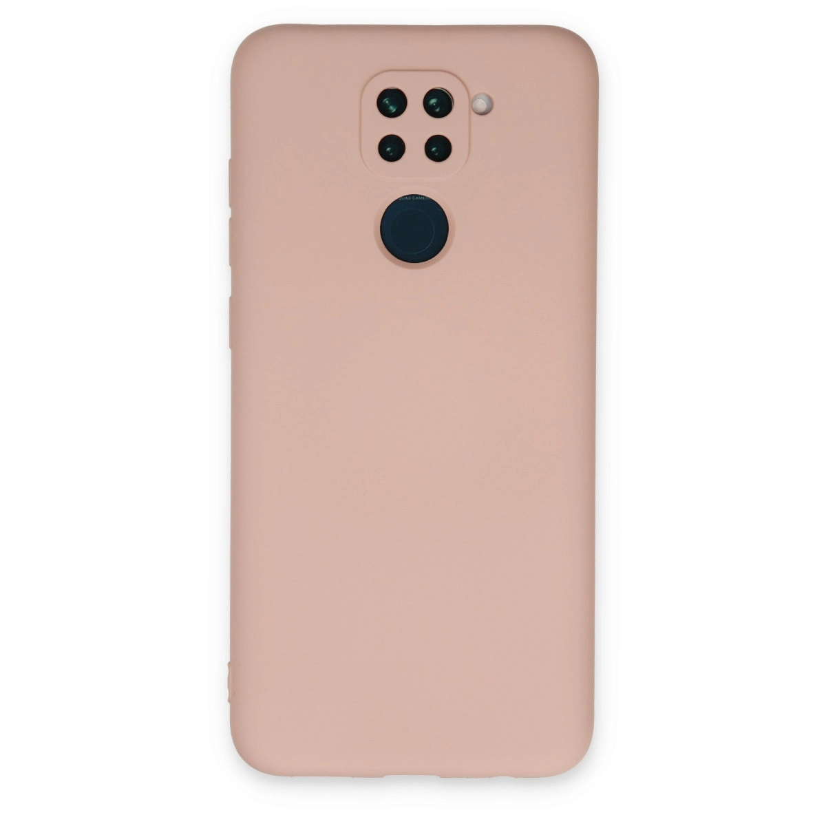 Dörtlü kamera kurulumu ve parmak izi sensörlü pembe telefon kılıfı.