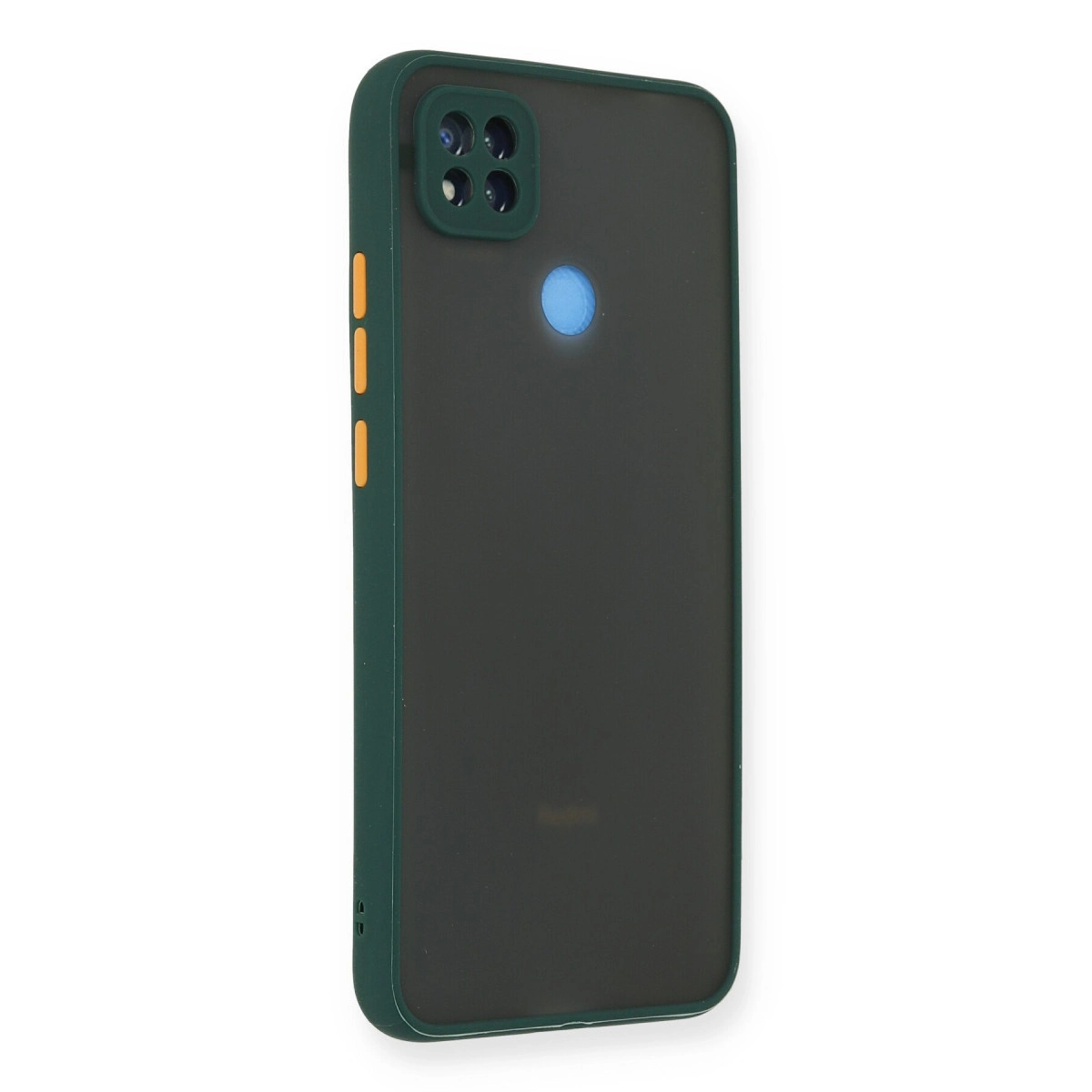 Dört kamera lensli ve mavi parmak izi sensörlü koyu gri telefon kılıfı.
