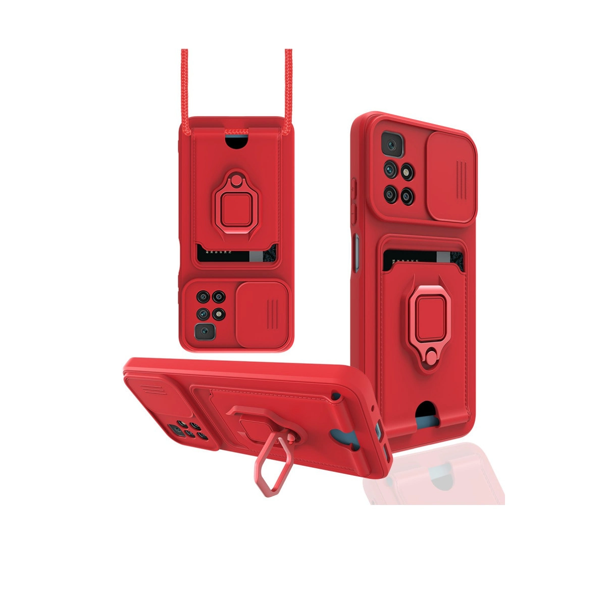 Kartlıklı, halka tutuculu ve kamera kapaklı kırmızı telefon kılıfı.