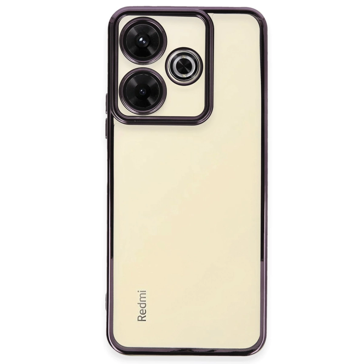 Krem rengi akıllı telefonun arkası, üçlü kamera ve marka logosu ile.
