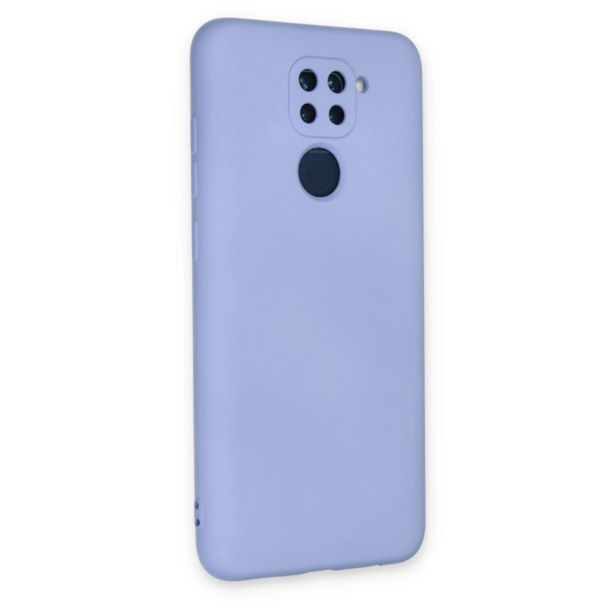 Dörtlü kamera ve parmak izi sensörlü lavanta rengi telefon kılıfı.