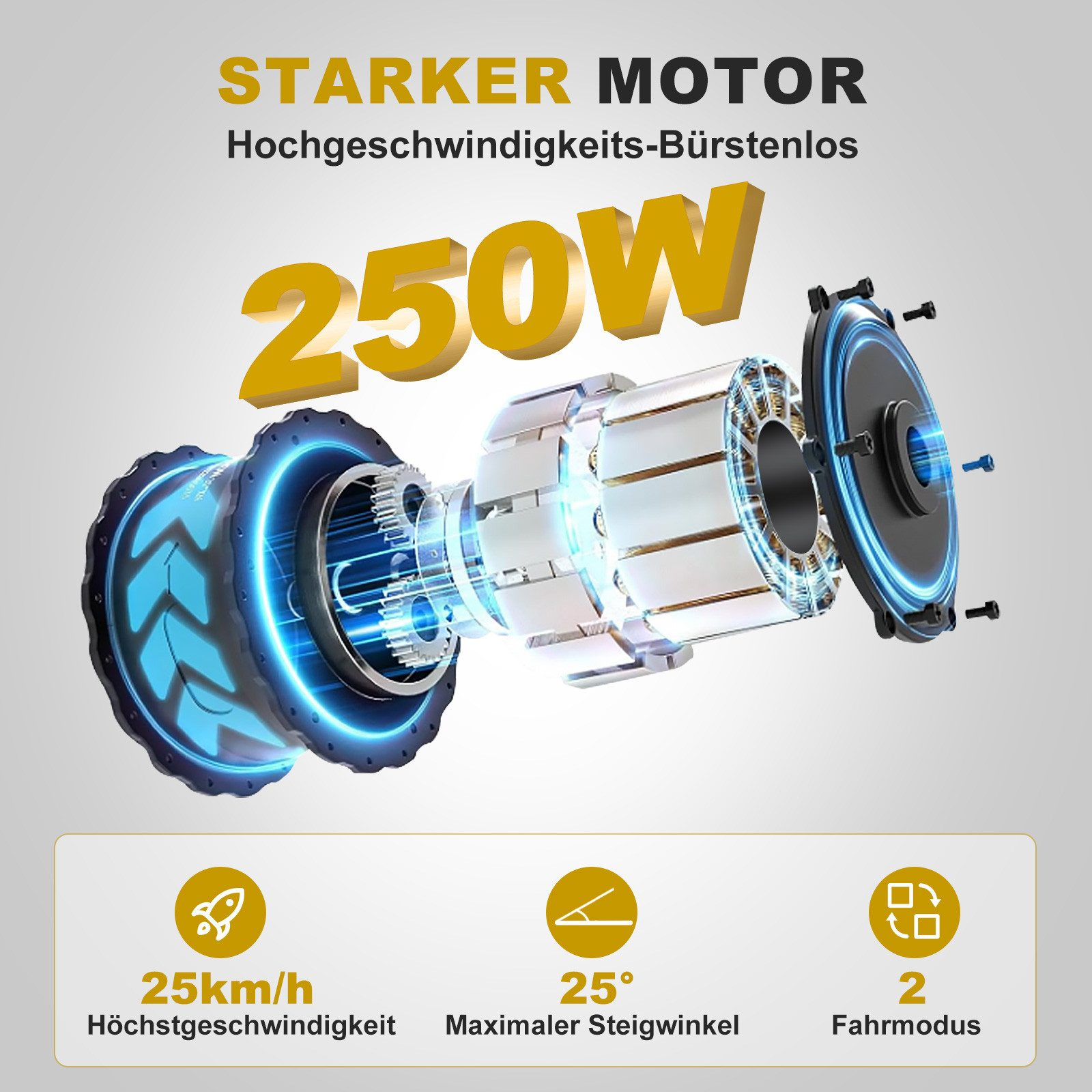 Explodierte Ansicht eines 250W Motors mit technischen Daten wie 25km/h.